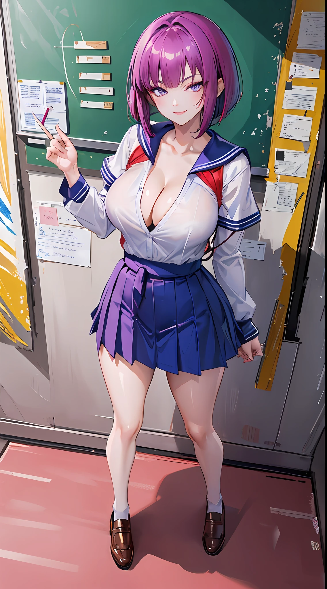 purple eyes, (best quality, masterpiece painting:1.2), Oboro, mature female, 26yo, (full body shot:1.3), schoolgirl, school uniform, (happy, smile, caring look:1.5), purple hair, short hair, stacked bob hair, (large breasts:1.2), (narrow waist:1.1), cleavage, perfect body, (athletic body:1.1), soft skin, anime face, perfect face, (perfect eyes:1.1), purple irises, anime eyes, smoky eyeliner, eyeshadow, asian, looking at viewer, smart, whiteboard background, classroom, sharp focus, intricate details, professional artwork, (vibrant colors:1.1), vivid colors, Diffused lighting, digital blending, ultra detailed body, ultra detail hair, ultra detail face, trending on pixiv, top button opened,