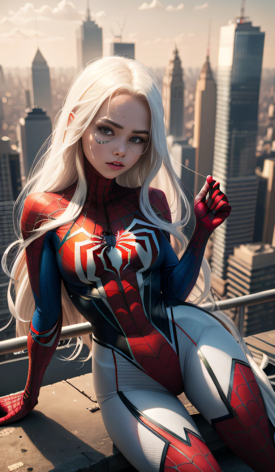 4k, realistic, carismatic, very detail, there is a girl on top city, wearing spiderman costum, she is a spiderman, white super hero theme, white long hair, 25 years old, full body
