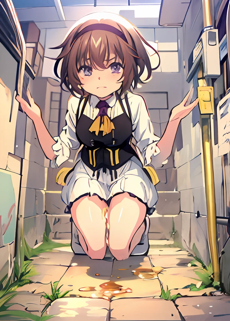 NNSFW,Kazuki standing up and peeing, pee is yellow,oshikko,omorashi,peeing,urine,urination,urinate,elegant outfit, short brown hair, purple eyes:1, hairband with pendant:1, white dress, short tie, small breasts, black corset with suspenders, Kazuki peeing,Kazuki pee,Kazuki urination,Kazuki peeing,Kazuki pee is yellow,Kazuki urine is yellow,Kazuki urinate,urine from Kazuki vagina, Kazuki  urination, peeing to front,pee from Kazuki urethra,Kazuki pee splash,pee splash,Kazuki urinate to high,