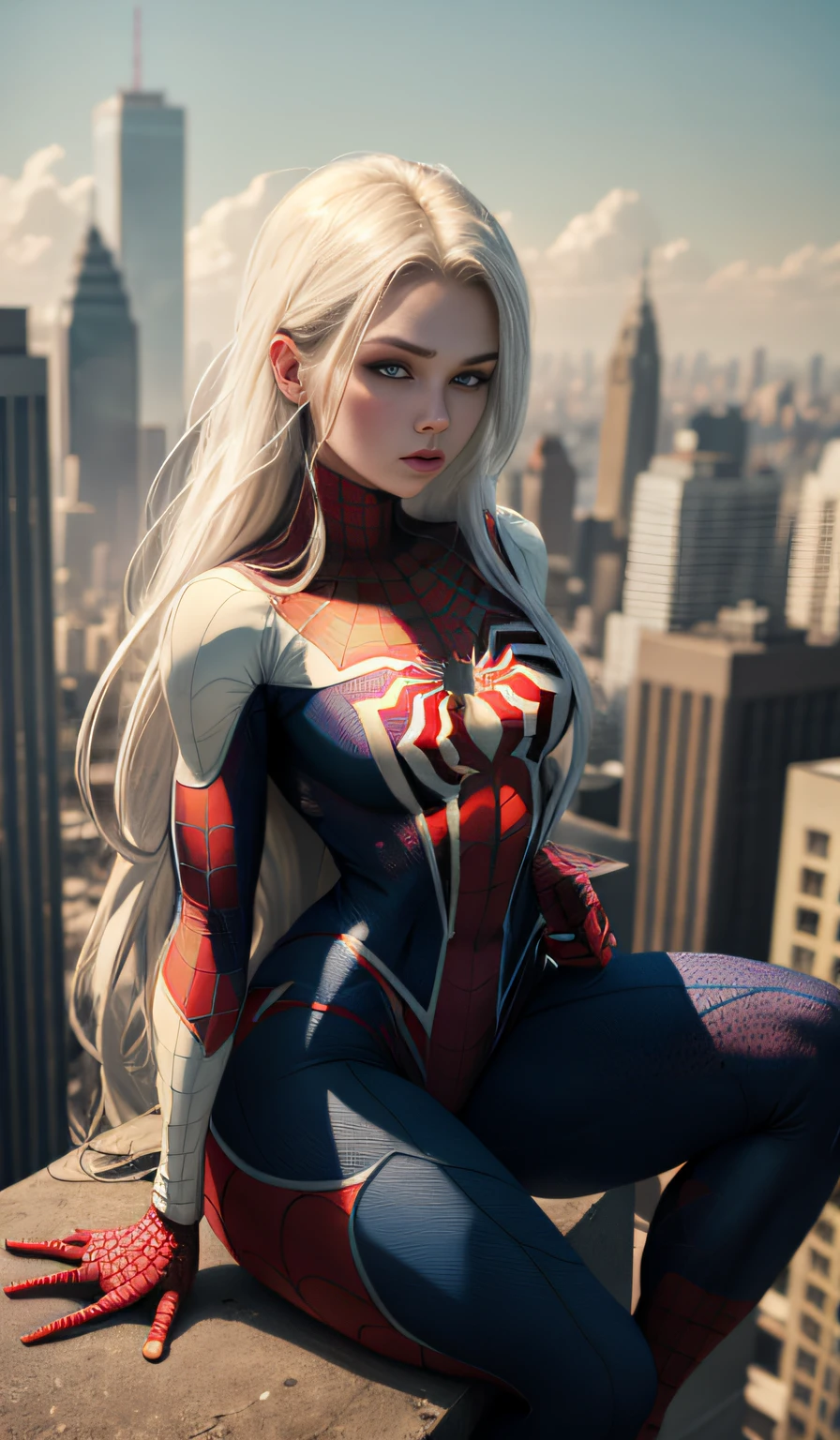 4k, realistic, carismatic, very detail, there is a girl on top city, wearing spiderman costum, she is a spiderman, white super hero theme, white long hair, 25 years old, full body