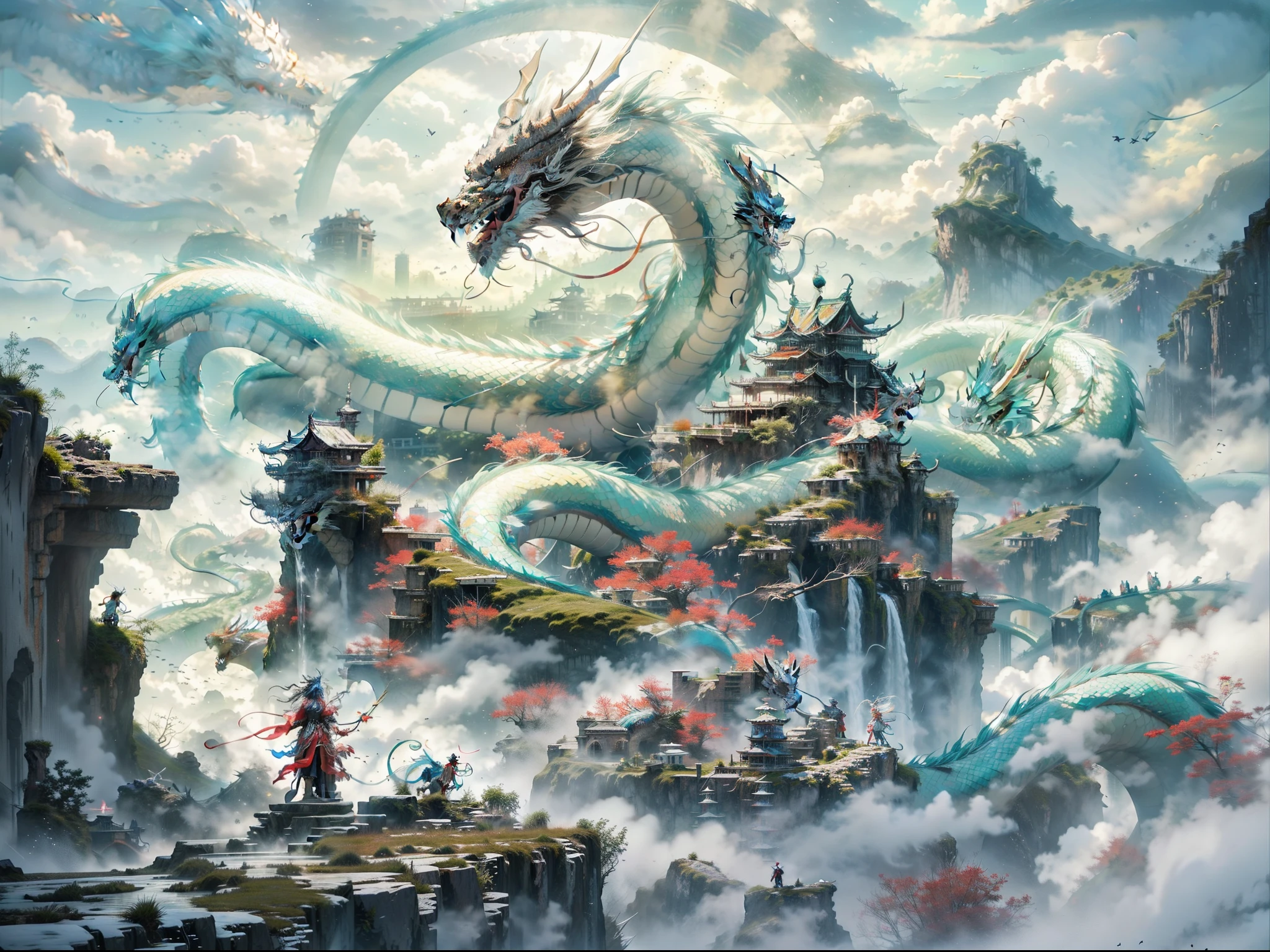 In the distance, A Chinese dragon soars over a building high on a mountain,The faucet is super detailed,Dragon's eyes,A sword dancing boy dressed in white on a cliff:1.1,A wonderland building suspended in the air,acurate,high qulity,best qualtiy,ultra - detailed