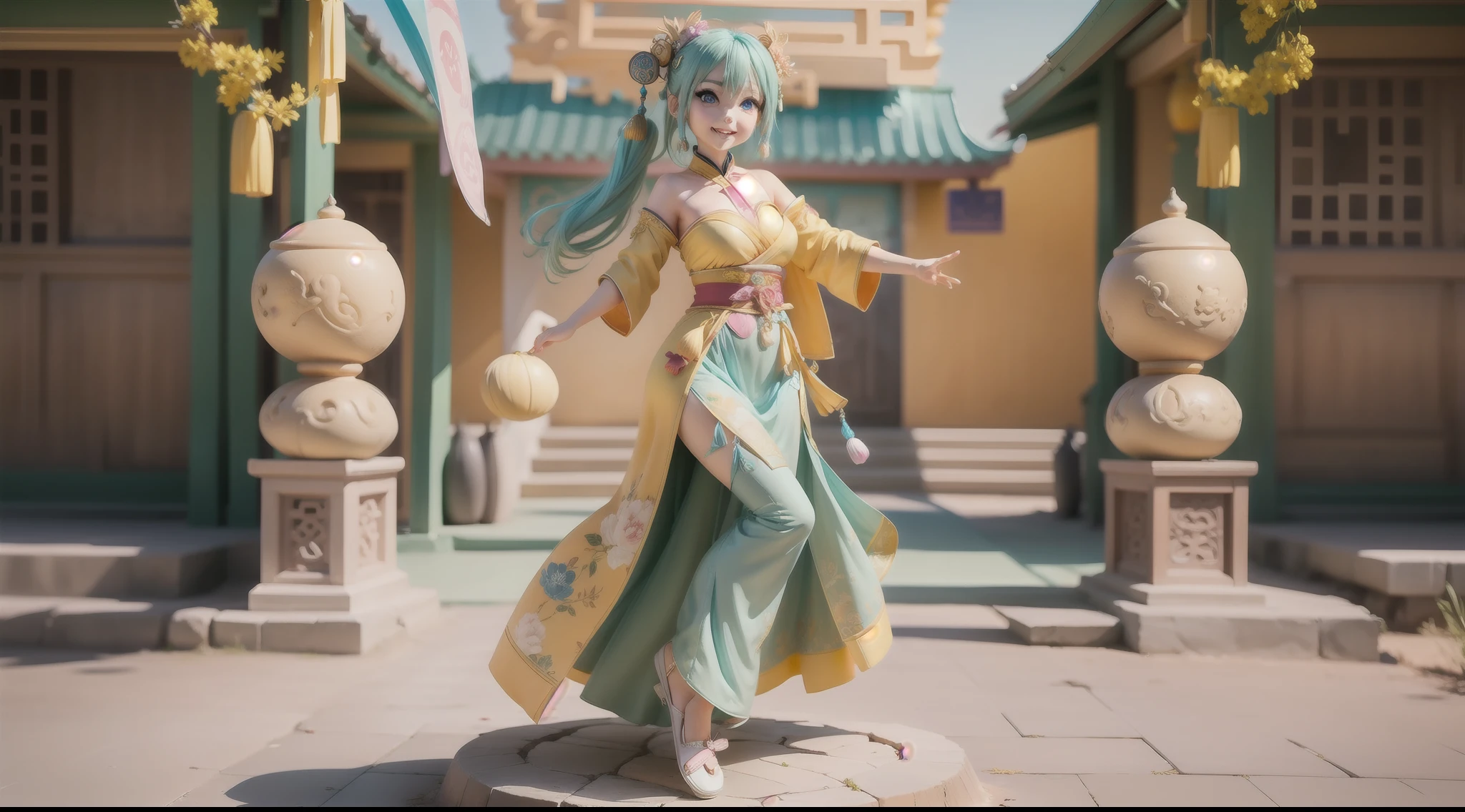 dunhuang, a girl dressed in colorful Dunhuang costume is dancing, full body, dynamic pose intricate hair accessories, dynamic hair, Chinese culture, side ponytail, crescent hair ornament, hair bell, aqua eyes, fingersmile, depth of field, f/1.2, ray tracing, high detail, anime style, high details, best quality, 8k