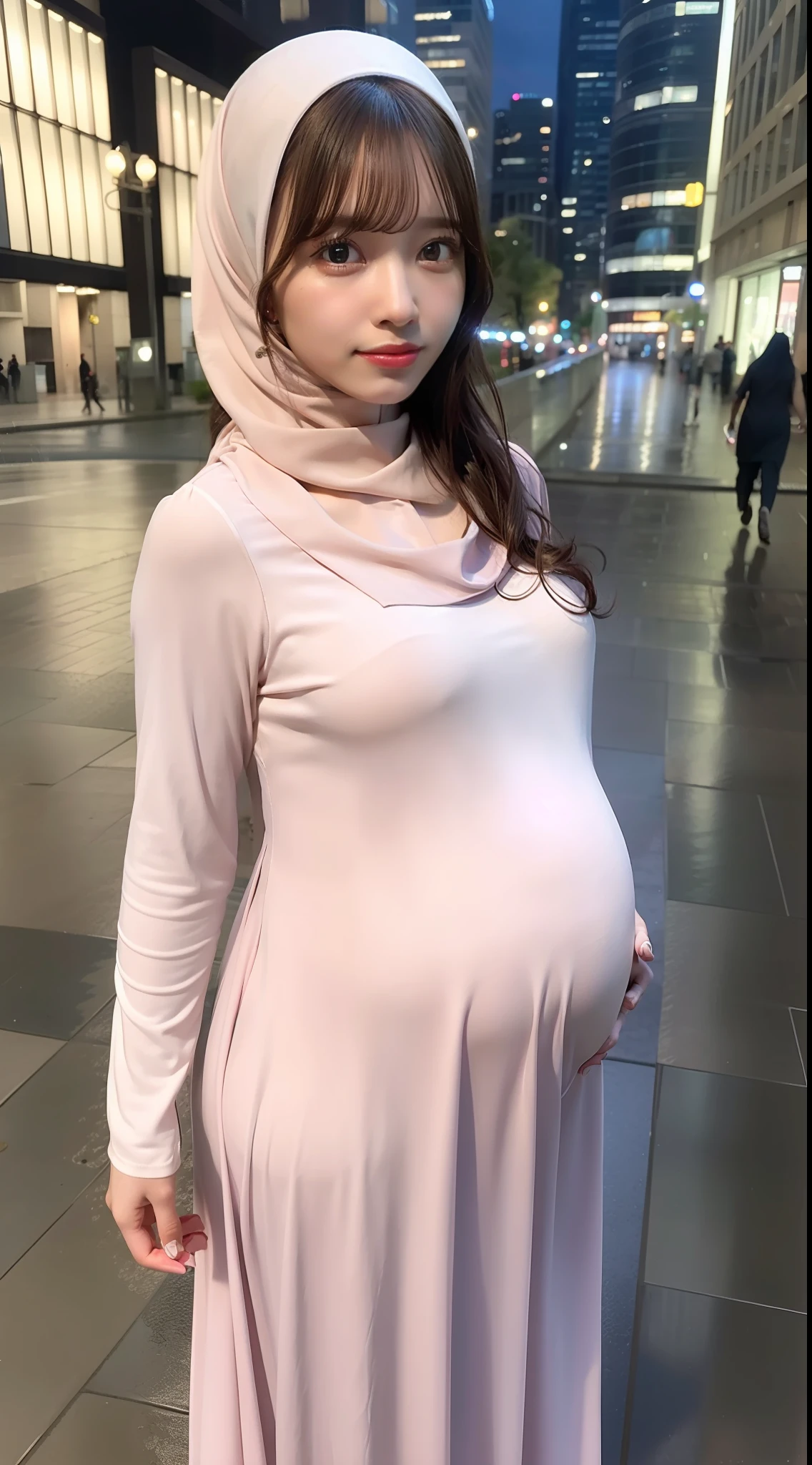 masterpiece, best quality, realistic, photorealistic, highly detailed, highly detailed face, solo, 1 pregnant girl, pink_shirt, wearing hijab, no makeup, long dress, long curly hair, bangs, walking, urban city, rain,