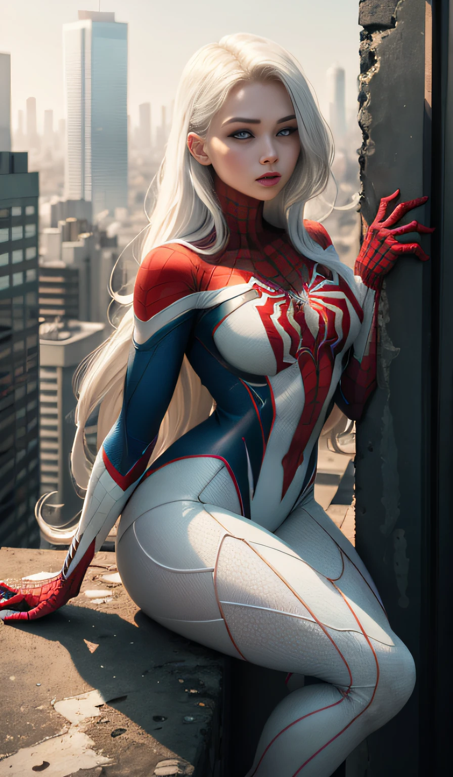 4k, realistic, carismatic, very detail, there is a girl on top city, wearing spiderman costum, she is a spiderman, white super hero theme, white long hair, 25 years old, full body