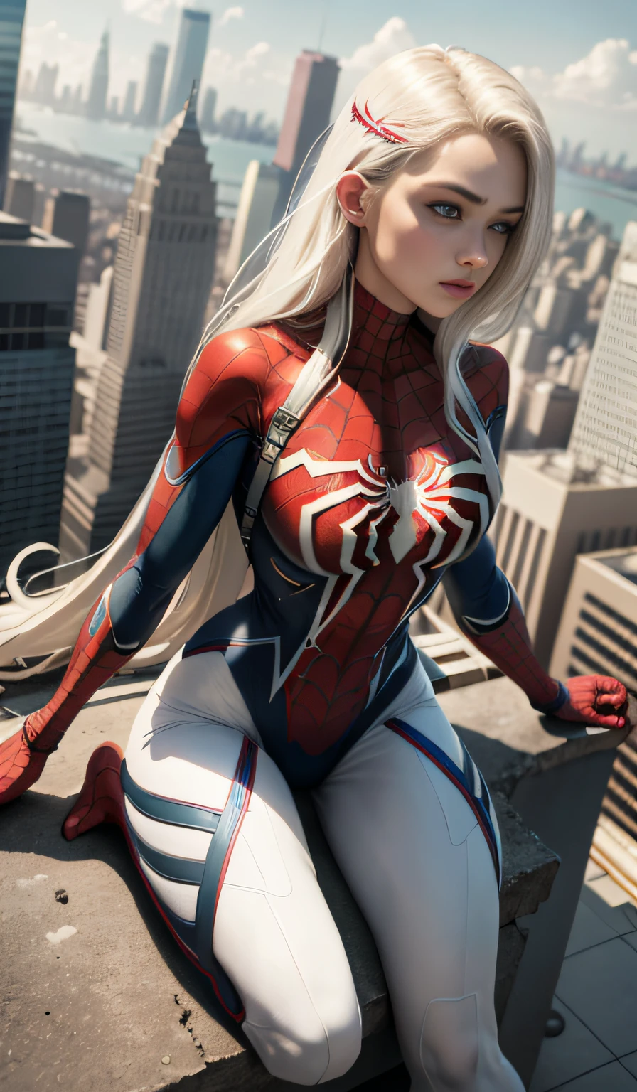 4k, realistic, carismatic, very detail, there is a girl on top city, wearing spiderman costum, she is a spiderman, white super hero theme, white long hair, 25 years old, full body