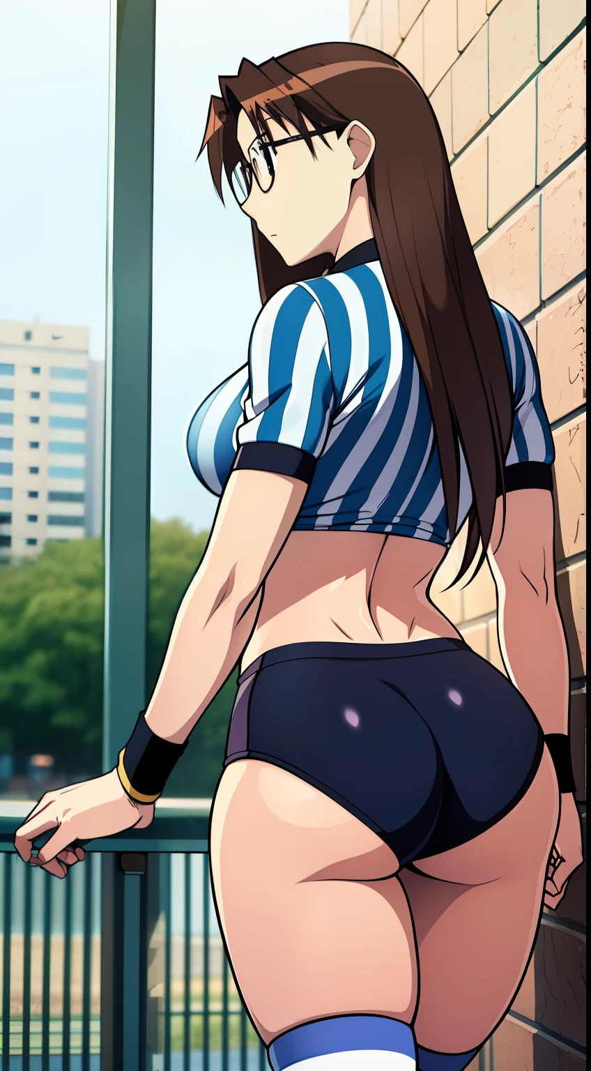 Koyomi Mizuhara, Brown hair, long hair, glasses, face, features, fit body, large breasts, Tight shirt, striped Nike biker shorts, White sling thong, knee socks, and sneakers, wristband on left arm, view from behind, tight butt cheeks, clenching her aas, slim/curvy waistline