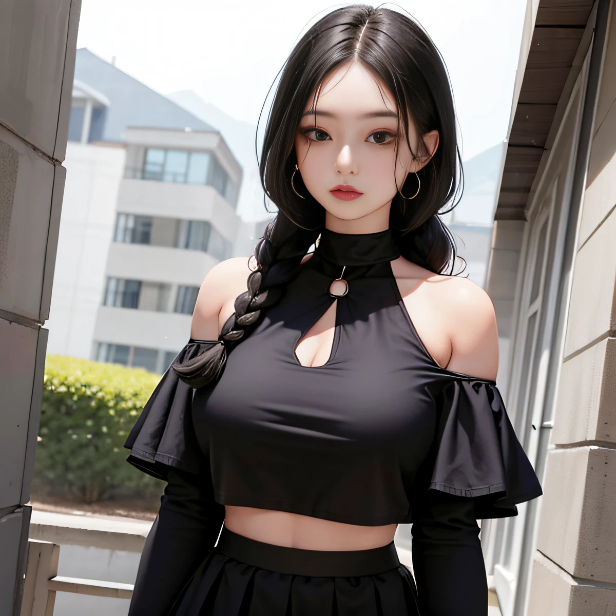 The pure beauty of the girl,big breasts beautiful,cabelos preto e longos,黑The eye,cropped shoulders,a skirt,Medium chest,exteriors,school ground,Twist braids,Nice face,delicated face