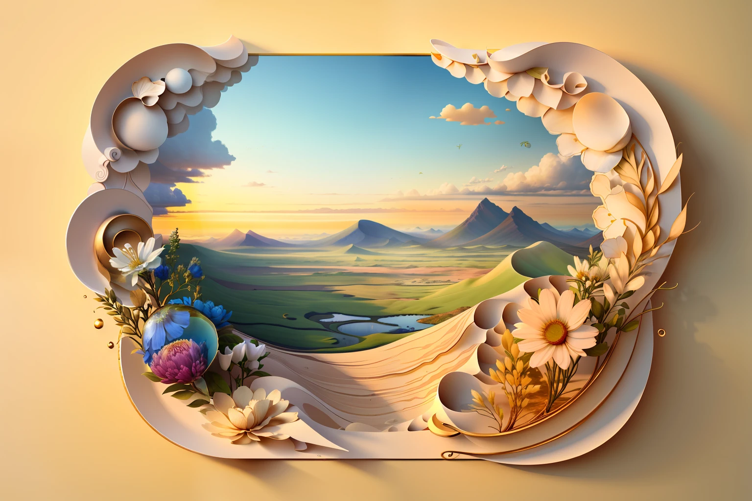 Natural and organic depictions of vast landscapes，Sky and steppe，floral arrangements，​​clouds，golden colored，Features earth tones and botanical motifs，Withdraw connections to nature and the environment，Influenced by botanical illustrations or environmental art，softlighting,(warm color:1.15),best quality exquisite details,3D rendering of