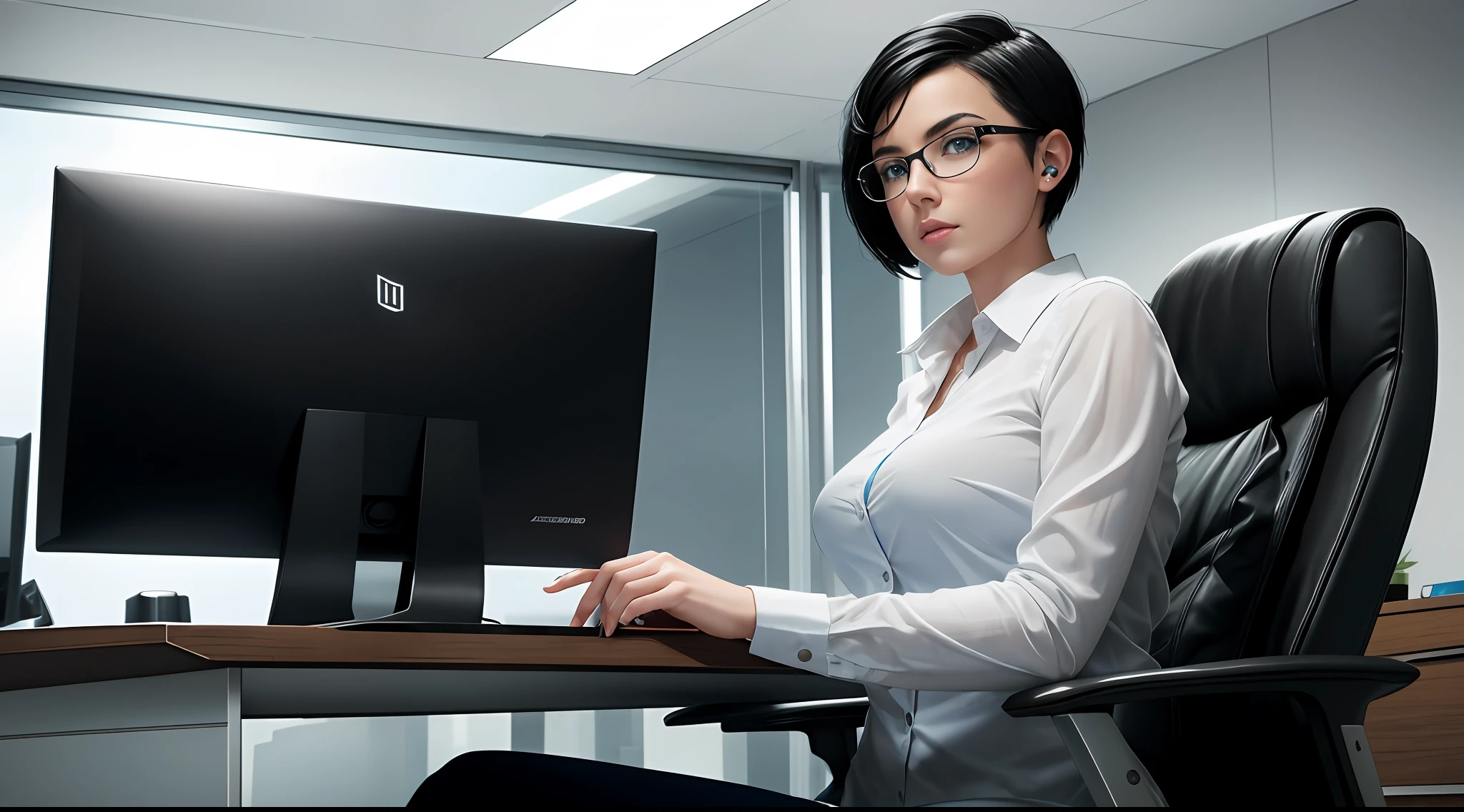 Ultra-realistic image of a young woman with short black hair, blue-eyed Caucasian seated in a modern chair in a large office, staring at a computer screen wearing clear glasses;, ao fundo distante desfocado pessoas conversando --auto