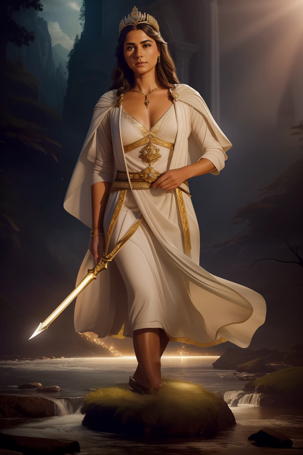 An imposing middle-aged queen, looking noble and wise, wearing a crown studded with brilliant gems. Her gaze reflects deep understanding and empathy, as she holds a sword in one hand and a scepter in the other, symbolizing her role as leader and protector of her kingdom. The queen is surrounded by an aura of warm light that radiates from his figure, symbolizing the redemption and wisdom she has gained on her journey. Behind her stretches a diverse landscape that represents her restored kingdom: majestic mountains, lush forests, and serene flowing rivers as symbols of peace and prosperity. In one corner of the image are the shadows of the men and women who fell in battle, whose ethereal figures are constant reminders of the queen's responsibility to her people. These figures combine with the mirages of power that haunted her in her search for redemption, manifesting as dark and blurry reflections that contrast with the light emanating from the queen. The image captures the climactic moment of the story, where the queen has found her purpose and has shown that the power of the heart and compion are the true tools of a leader. The combination of visual elements evokes a sense of hope and renewal, conveying the message that even in the darkest of times, redemption and wisdom can change the fate of a kingdom and the soul of a queen, vlzblanca dress, RAW photo, (high detailed skin:1.2), 8k uhd, dslr, soft lighting, high quality, film grain, Fujifilm XT3