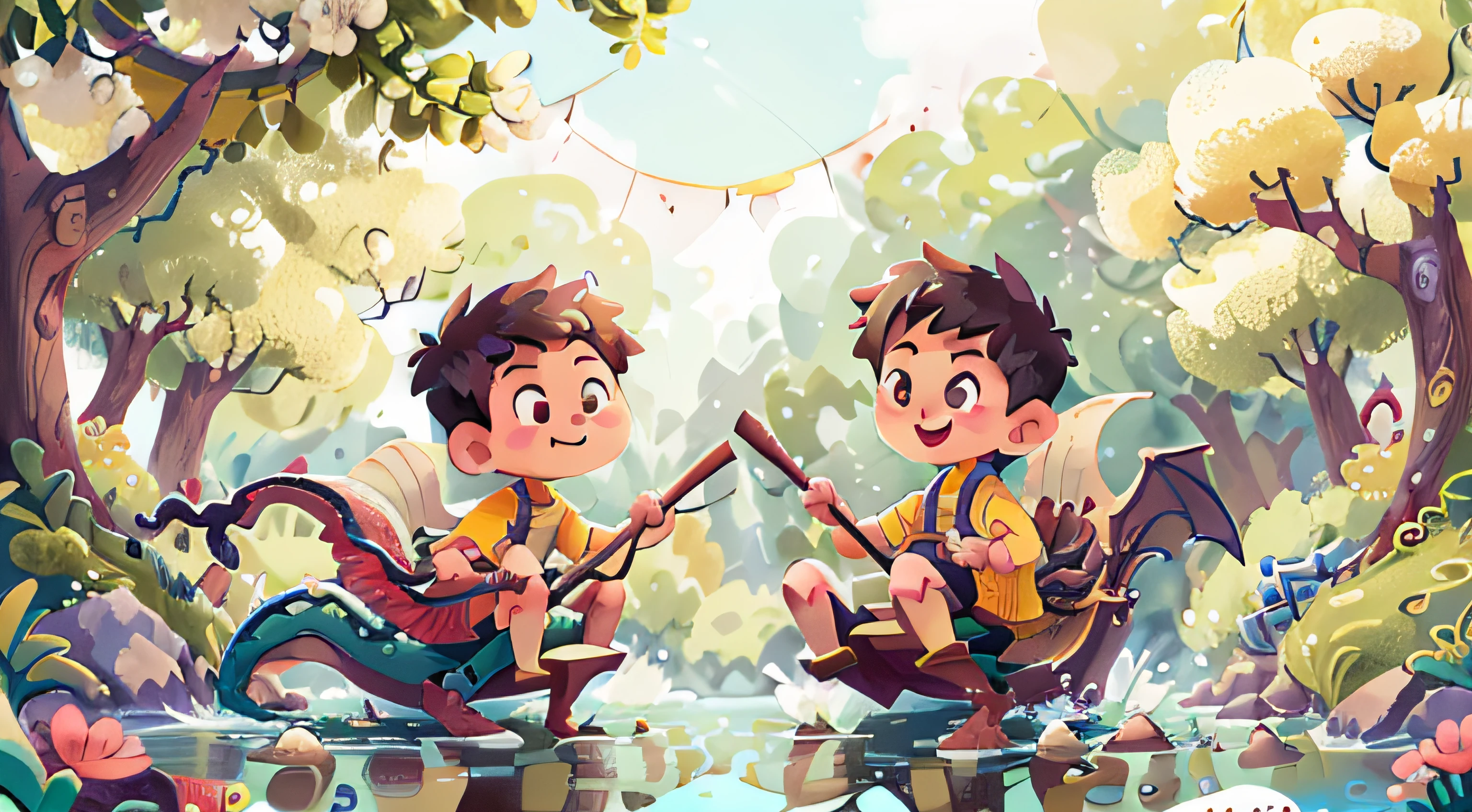 Poster design, (SFW), two rowing boys, Chinese dragon, spring outing, happy, background is a small river interspersed in Chinese street, perfect quality, clear focus, colorful, perfect face, intricate details, ultra-low viewing angle, wide angle lens