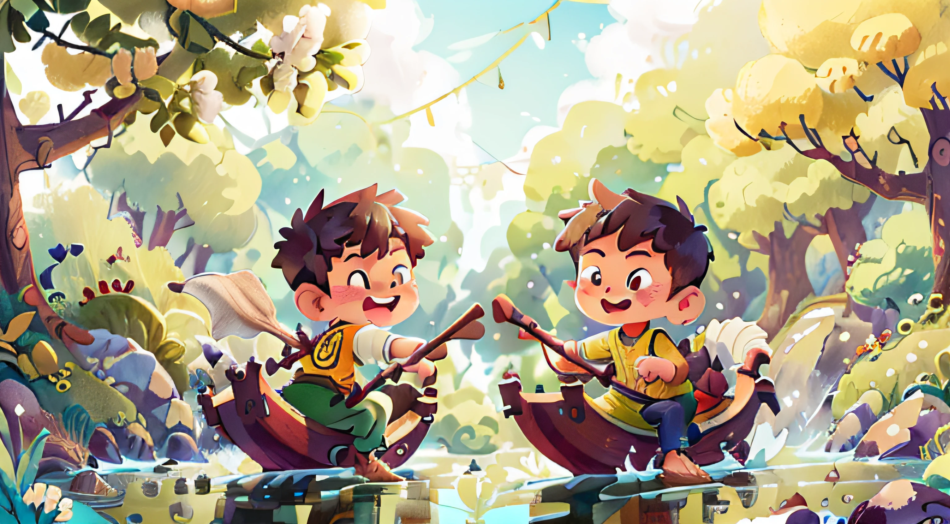 Poster design, (SFW), two rowing boys, Chinese dragon, spring outing, happy, background is a small river interspersed in Chinese street, perfect quality, clear focus, colorful, perfect face, intricate details, ultra-low viewing angle, wide angle lens