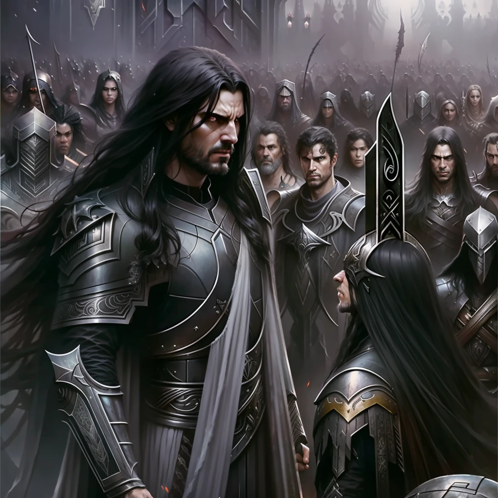 A man with very very long black hair, white face, gray black armor, a very long sword in his hand is looking down, looking at the sky and going up,a large black angel standing in front of a crowd of people, by Aleksi Briclot, greg rutkowski and luis royo, dark angel, dark fantasy digital art, by Bastien L. Deharme, luis royo and greg rutkowski, by Ross Tran, by Clint Cearley, artstyle greg rutkowski, zdzislaw beksinski