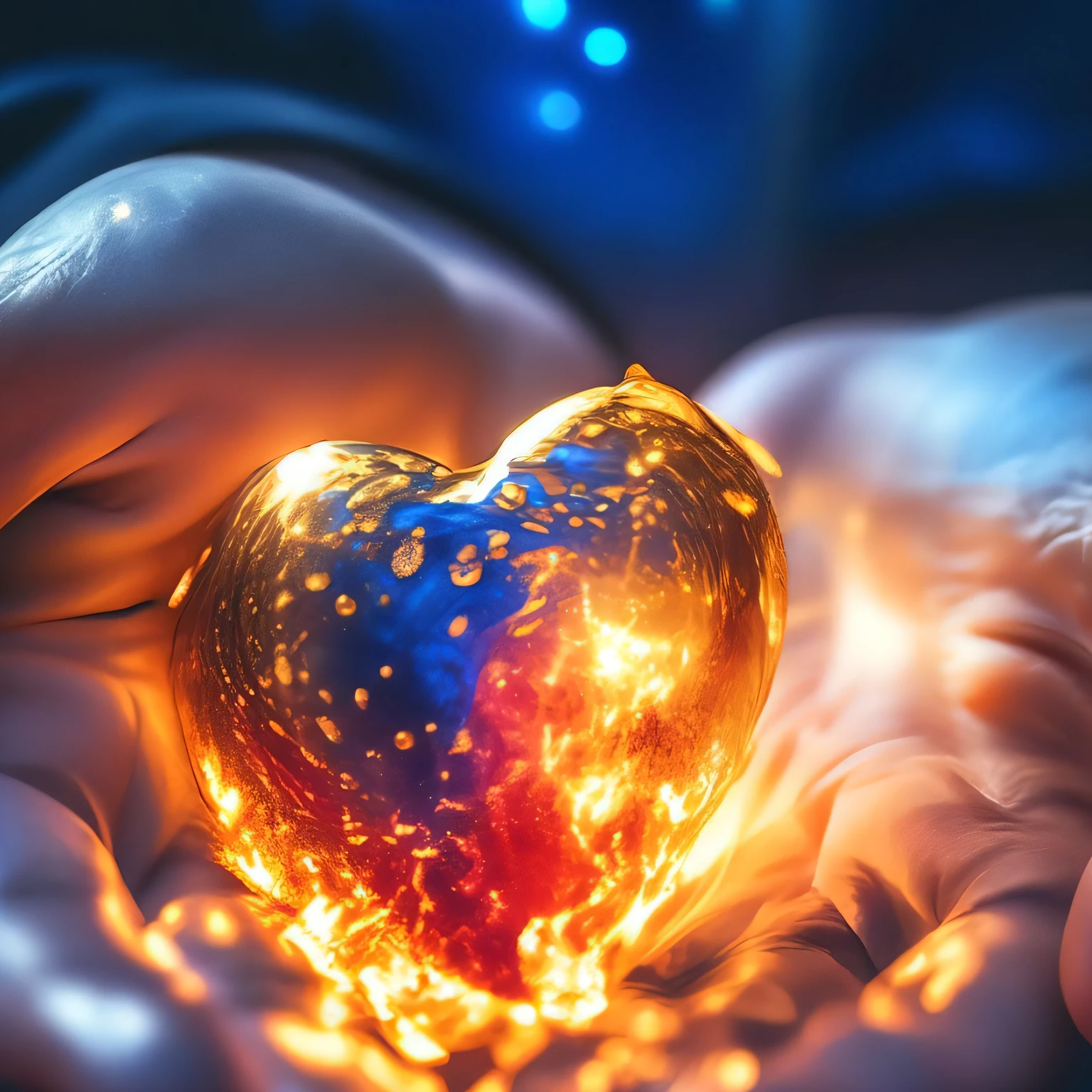 neko, holding a glowing heart on a blue background, connected to cardio machines, heart effects, magic heart, real heart, Love is the beginning of everything, A Flaming Heart, real heart!, My heart is human;, magic, emanating from her palms, Bright & Powerful, Radiated and flowing energy, Breathing in the souls of humanity, beautiful image