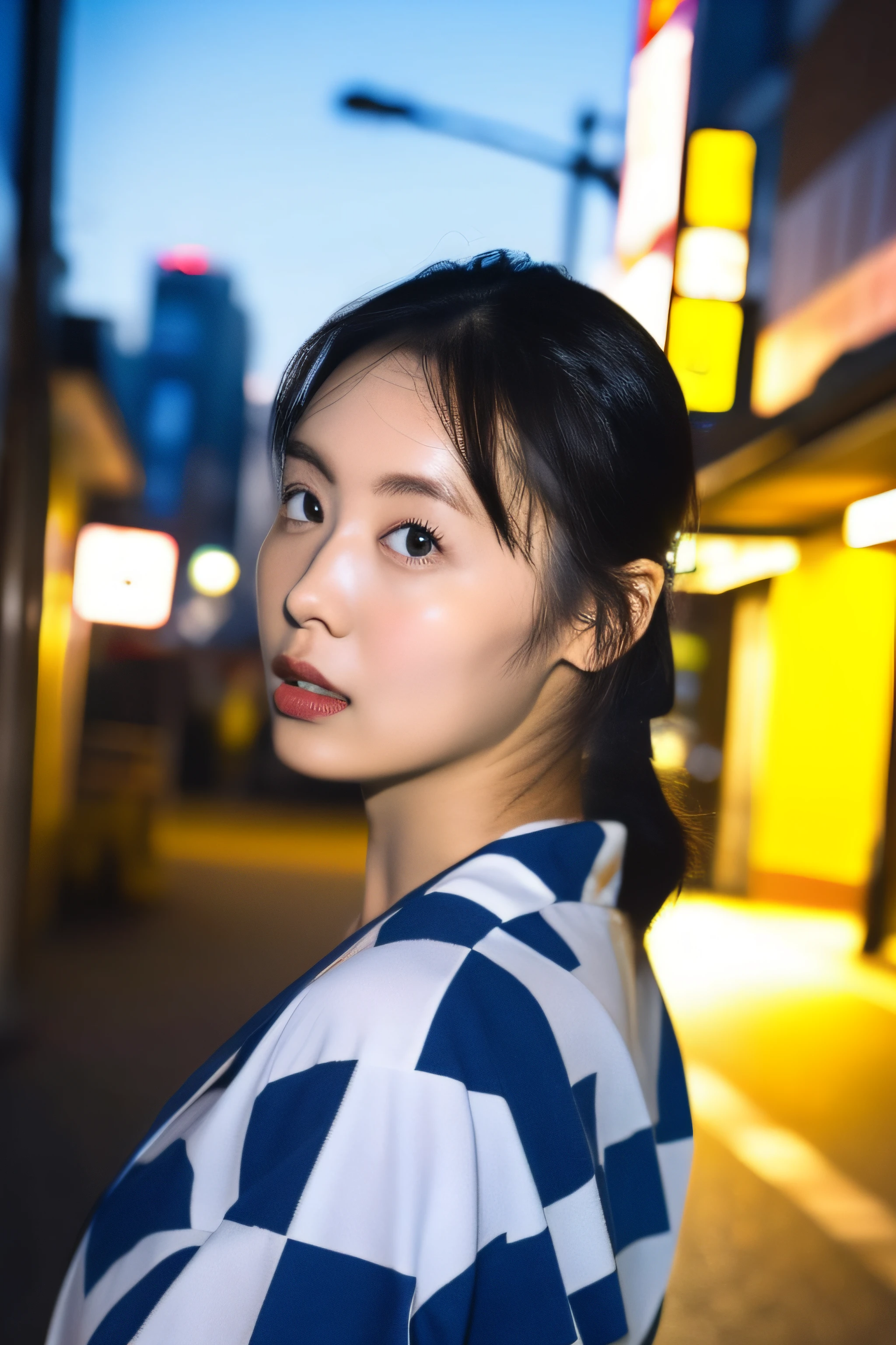 1girl, 35 years old, Japan people, Tokyo streets, summer night, cityscape, yukata, city lights, detailed eyes, looking at the viewer, upper body, nape, back, close-up, 8k, raw photos, highest quality, masterpiece, realistic, photorealistic,