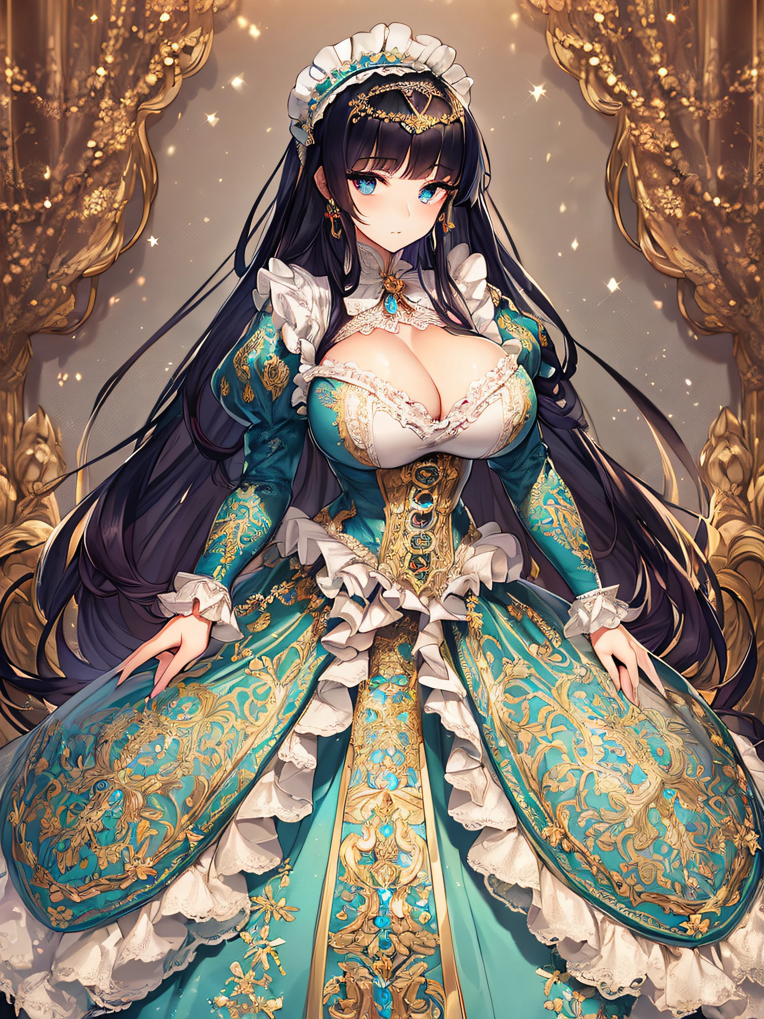 ((anime artstyle)),(Masterpiece),(Best Quality), (Super Detail),((Very Delicate and Beautiful)),((Solo)),((full body)),((1 princess in gorgeousfull victorian dress)),detailed face and eyes,jewel-like eyes,((voluminous Very Long Straight Hair)),((gorgeousfull embroidery and lace)),gorgeous corsage,See-through,gorgeousfull hair ornament,gorgeousfull glitter jeweled tiara,ornate ruffles,((gigantic breasts,Long breasts)),skindentation,((full body)),((hoop skirt,crinoline)),Dynamic Angle,Looking at viewer,royal victorian palace,(((gorgeous embroidery gorgeousfull victorian dress)),full body