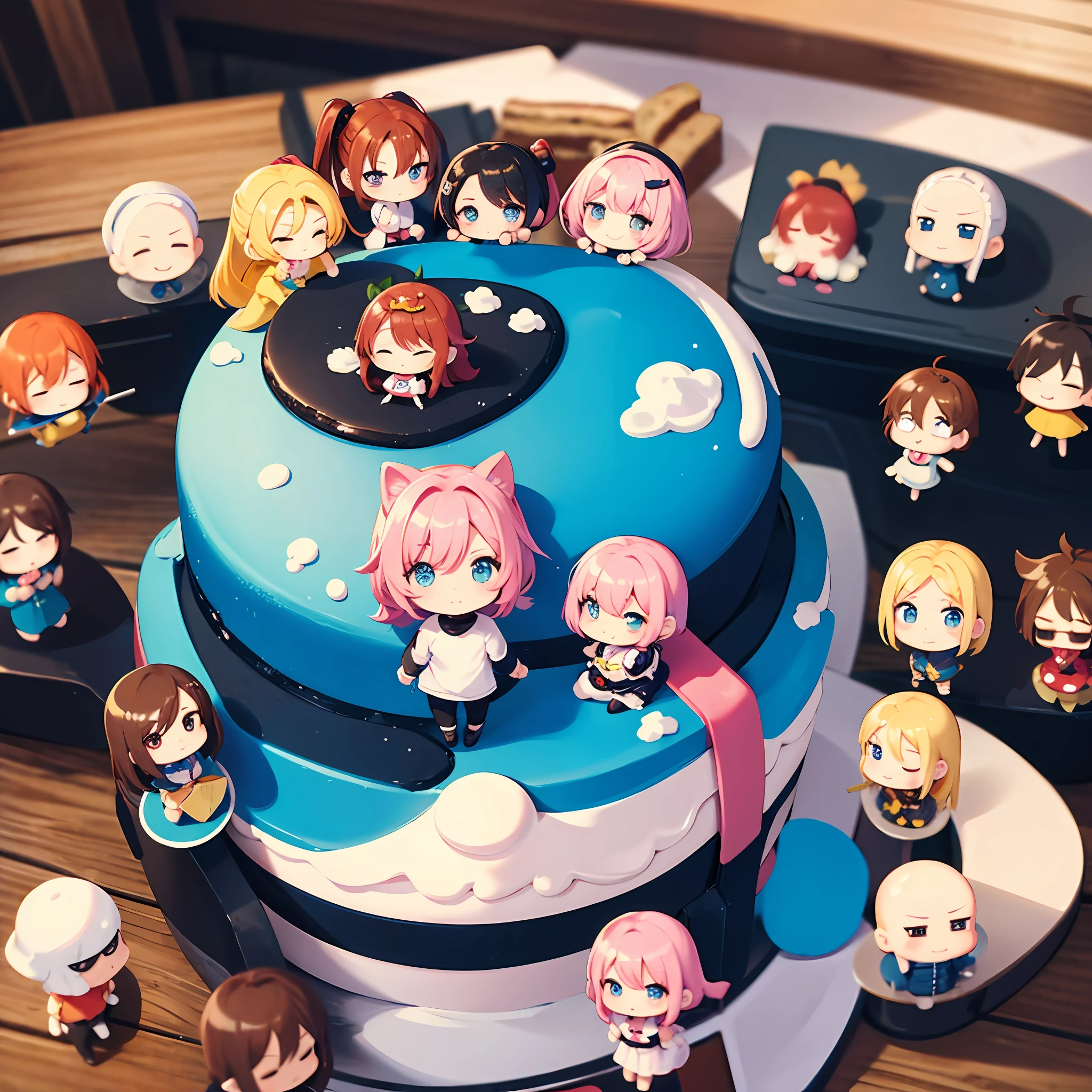(Cake in the shape of a chibi character), A lot of chibi characters, on the table,