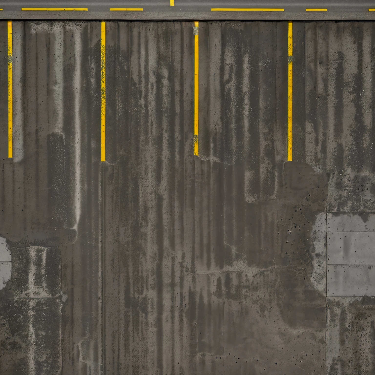There is a photo of the parking lot with a yellow line from above, Seamless parking texture with curb and yellow shabby marking lines, Wheel tracks, [[empty warehouse]] Background, concrete _ wallside ) ], parking, high resolution details, High-resolution detail, concrete, Untextured, Super High Resolution, high resolution texture, concrete wall, dark hangar background, Gray warehouse background, high resolution textures, High resolution and detail