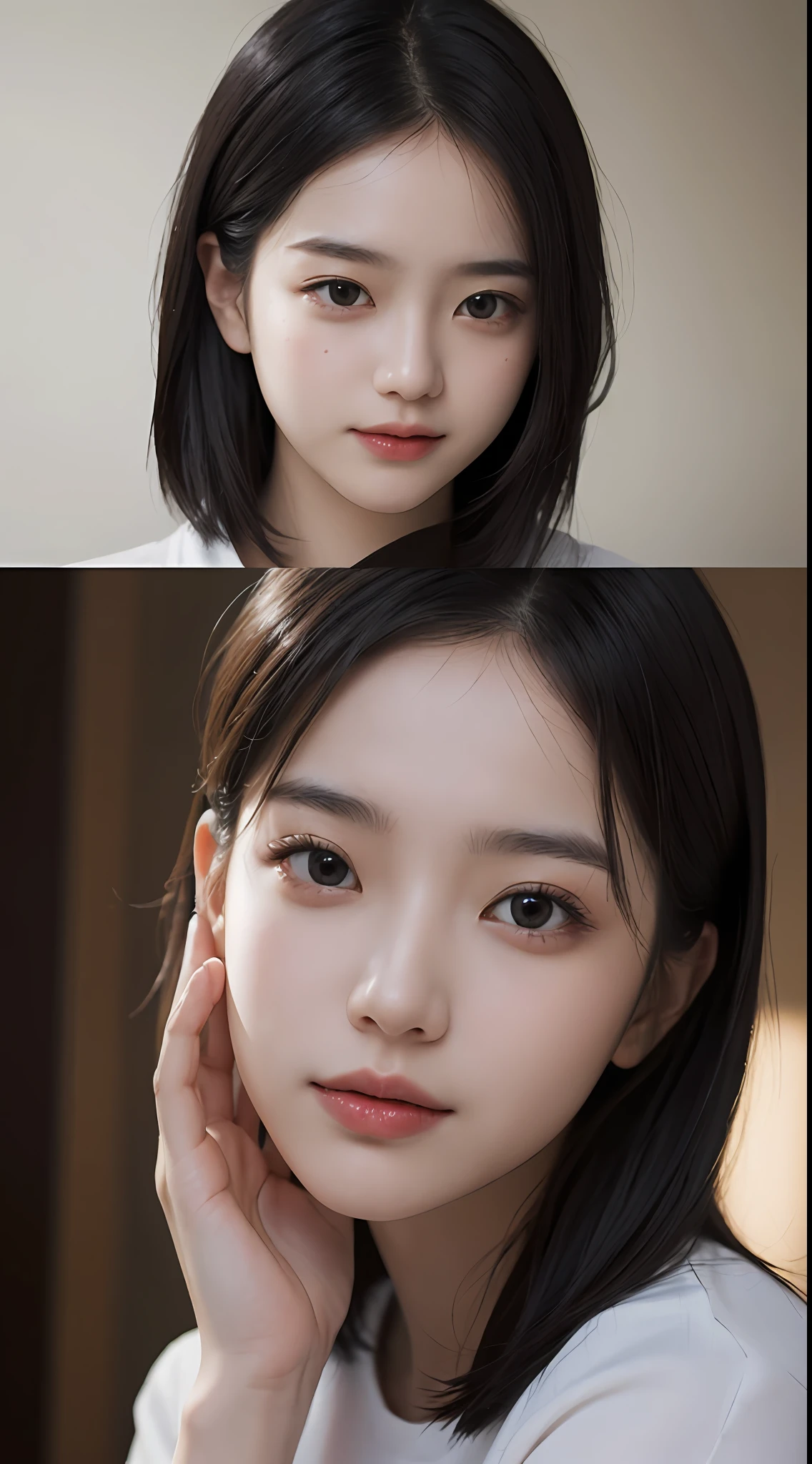 ​masterpiece、The highest image quality、hightquality、Beautuful Women、japanes、Popular Korean Makeup、detaileds、Swollen eyes、A detailed eye、Detailed skin、Beautiful skins、超A high resolution、(Realistis:1.4)、very extremely beautiful、Slightly younger face、Beautiful skins、thin、(A hyper-realistic)、(illustratio)、(hight resolution)、(8K)、(ighly detailed)(The best illustrations)、(beautifully detailed eyes)、(ultra-detailliert)、(wall-paper)、(详细的脸)、looking at the viewers、fine detailed、 A detailed face、pureerosfaceace_v1、a smile、Looking straight ahead、photos realistic、Bright lighting、profetional lighting、A dark-haired、(((shorth hair)))、brightly lit room、painterly