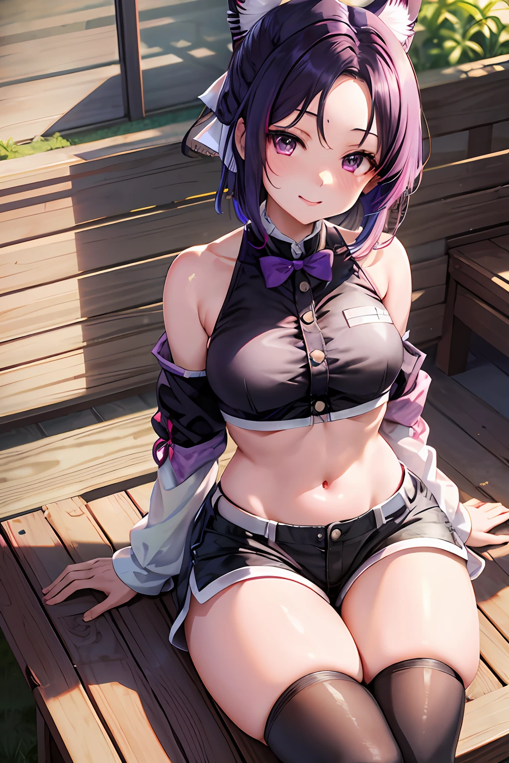 masutepiece, Best Quality, hight resolution, 1girl in, 独奏, kochou shinobu, Decorate your hair with a bow tie, violet eyes, Multi-colored hair, Short hair, Parted bangs, Short shorts, spreading legs,, croptop, Erotica