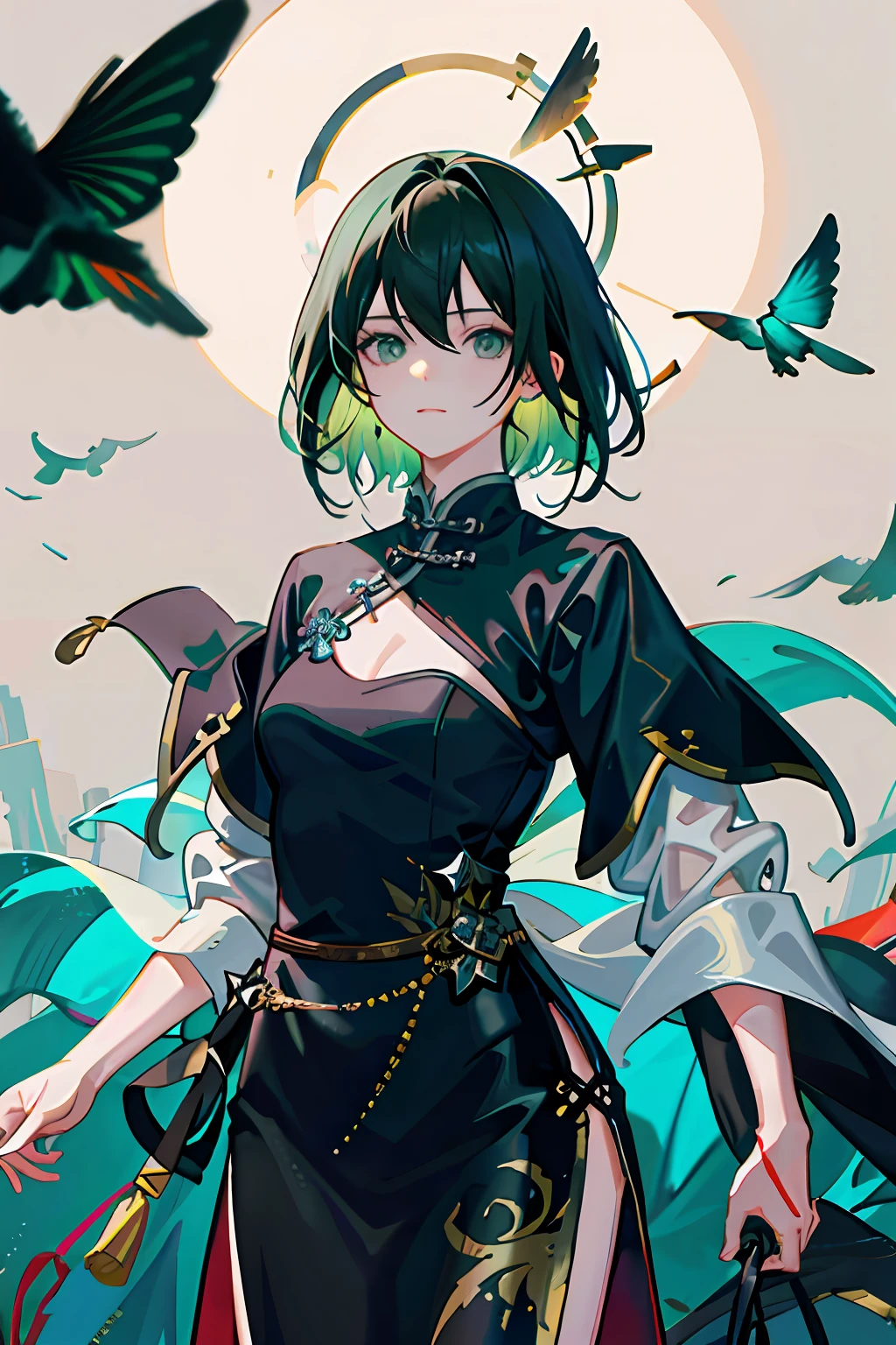 1girll,Sateen,exteriors,messy hair,Trends on ArtStation,8K分辨率,The is very detailed,anatomically correcte,Sharp images,digitial painting,concept-art,Trends on pixiv,Estilo de Makoto Shinkai,Dark green hair,short detailed hair,Black eyes,Chinese outfit,eye glass