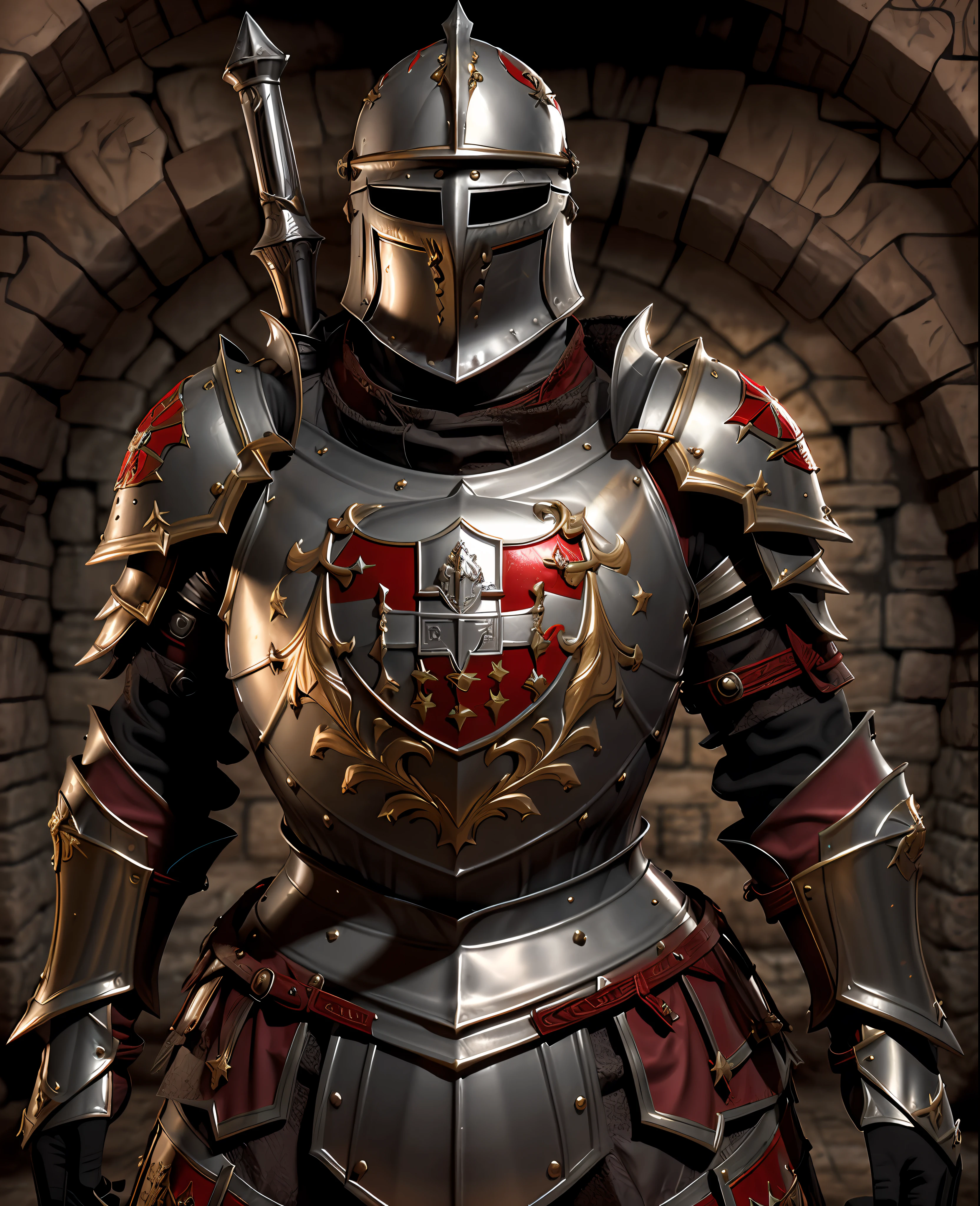 Knight Templar of the Crusades, com sua armadura prateada com uma cruz vermelha pintada sobre a armadura, obra-prima, melhor qualidade, realista, olhando para o espectador, cena de guerra de uma batalha medieval,