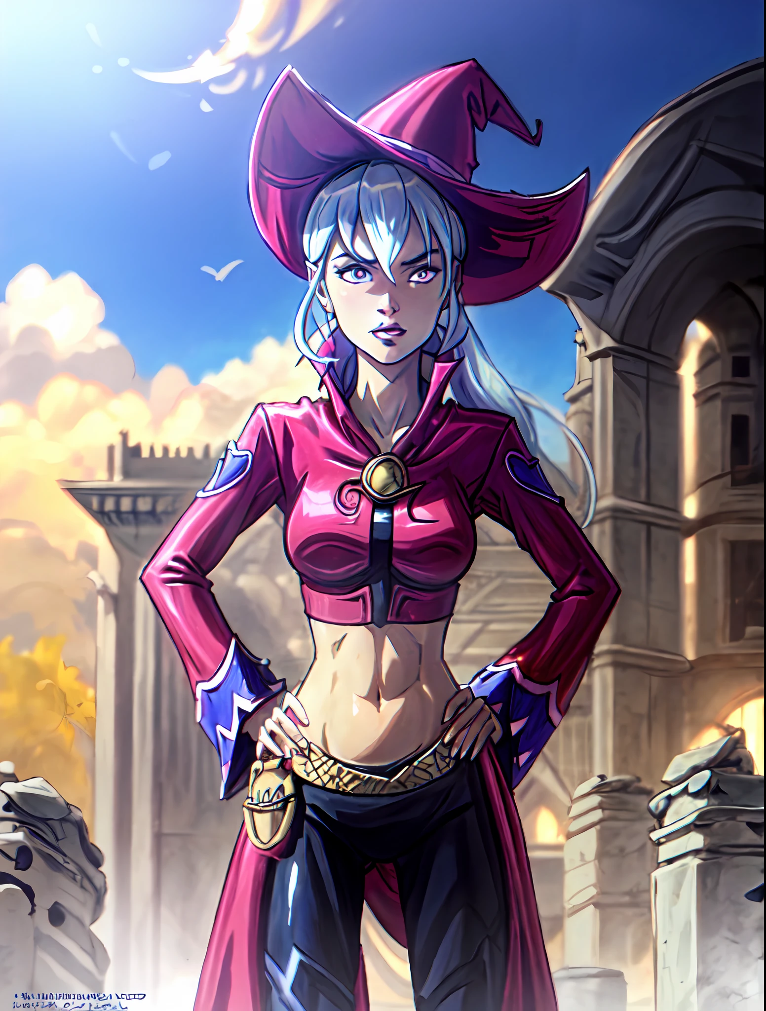 (cowboy shot), sfw,  (masterpiece), (best quality:1.0), (ultra highres:1.0), detailed eyes,
BREAK
Charmcaster, 1girl, pink eyes, low ponytail, wispy bangs, hands on hips
mage_glam, pouch belt, witch hat, midriff
BREAK
(castle, outdoors,  gorgeous view)