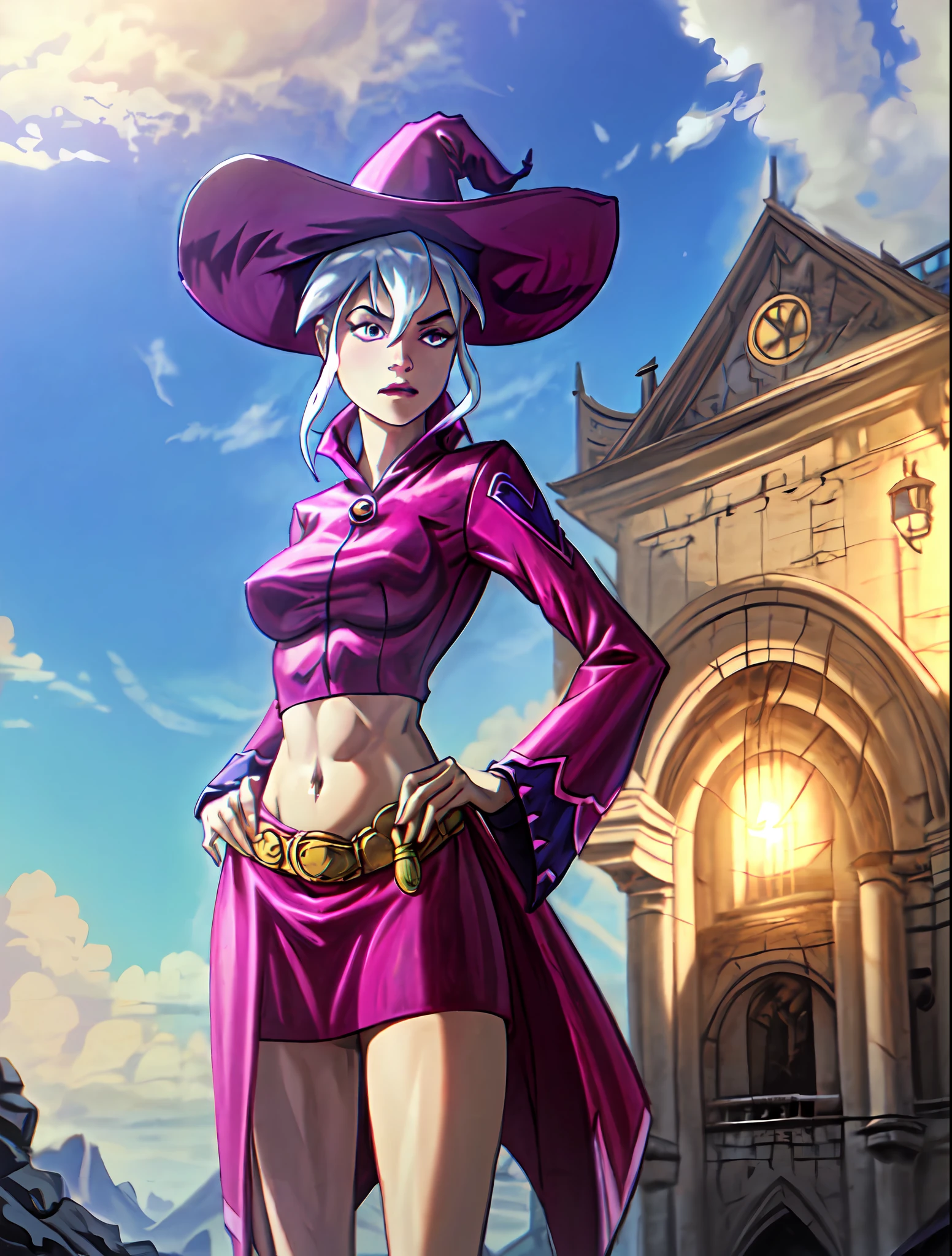 (cowboy shot), sfw,  (masterpiece), (best quality:1.0), (ultra highres:1.0), detailed eyes,
BREAK
Charmcaster, 1girl, pink eyes, low ponytail, wispy bangs, hands on hips
mage_glam, pouch belt, witch hat, midriff
BREAK
(castle, outdoors,  gorgeous view)