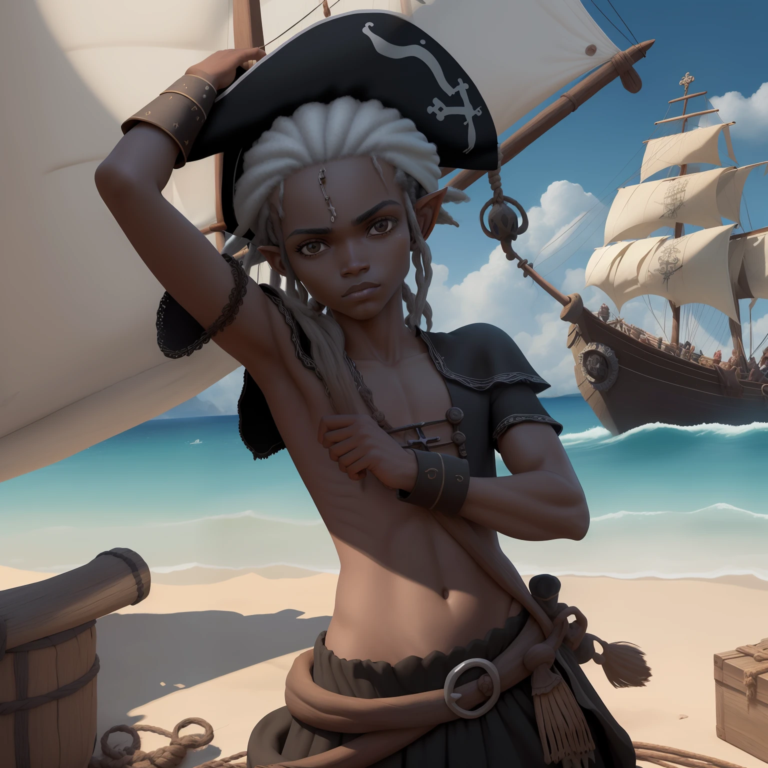 Jovem negro, Elfo, cabelos brancos Olhos brancos, roupa de pirata, em cima de um navio pirata, sunny skies, dia lindo, detalhes lindos e maravilhosos, detalhes coloridos, desenho animado 4K