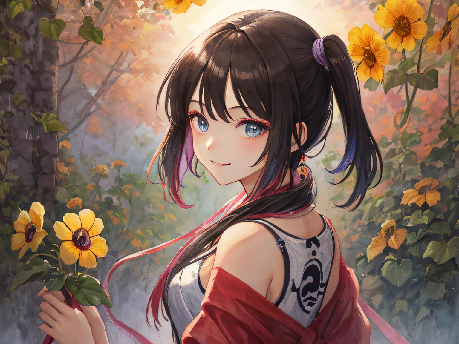 hyper detailed illustration ,superfine illustration, ((((masterpiece)))), High quality, very_high_resolution, Large_filesize, fulcolor ,Very cute and beautiful girl,Very cute and beautiful anime face and eyes, Very delicate eyes,eye shadow,Female, 年轻,20 years old, Side Up、Solo, 1 girl, Transparent skin ,head to waist, multicolored hair(A dark-haired Viola)、Pink mesh、Natural smile, small tits、Onepiece, arms behind back, watercolor paiting、Beautiful background,Fantastic background、夏天、Sun flower