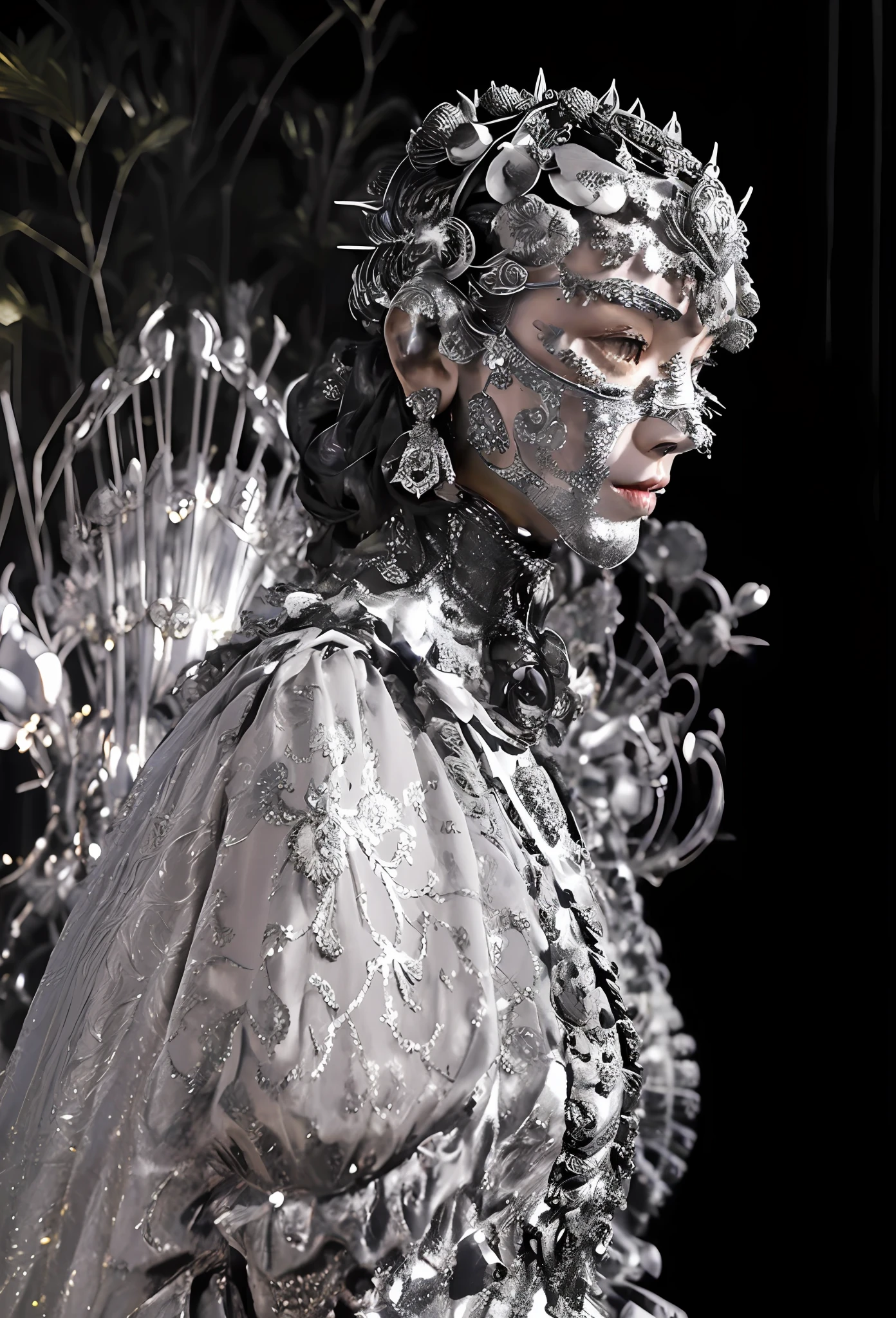 a close up of a metal sculpture of a woman with a face covered in metal, wearing louis vuitton armor, alexander mcqueen haute couture, intricate metal armour, intricate metal armor, silver intricate armor, cyborg fashion shot, jeweled costume, intricate armour costumes, by Alexander McQueen, intricate costume design, inspired by Alexander McQueen, ornate armor covered in thorns, wearing intricate steel armor