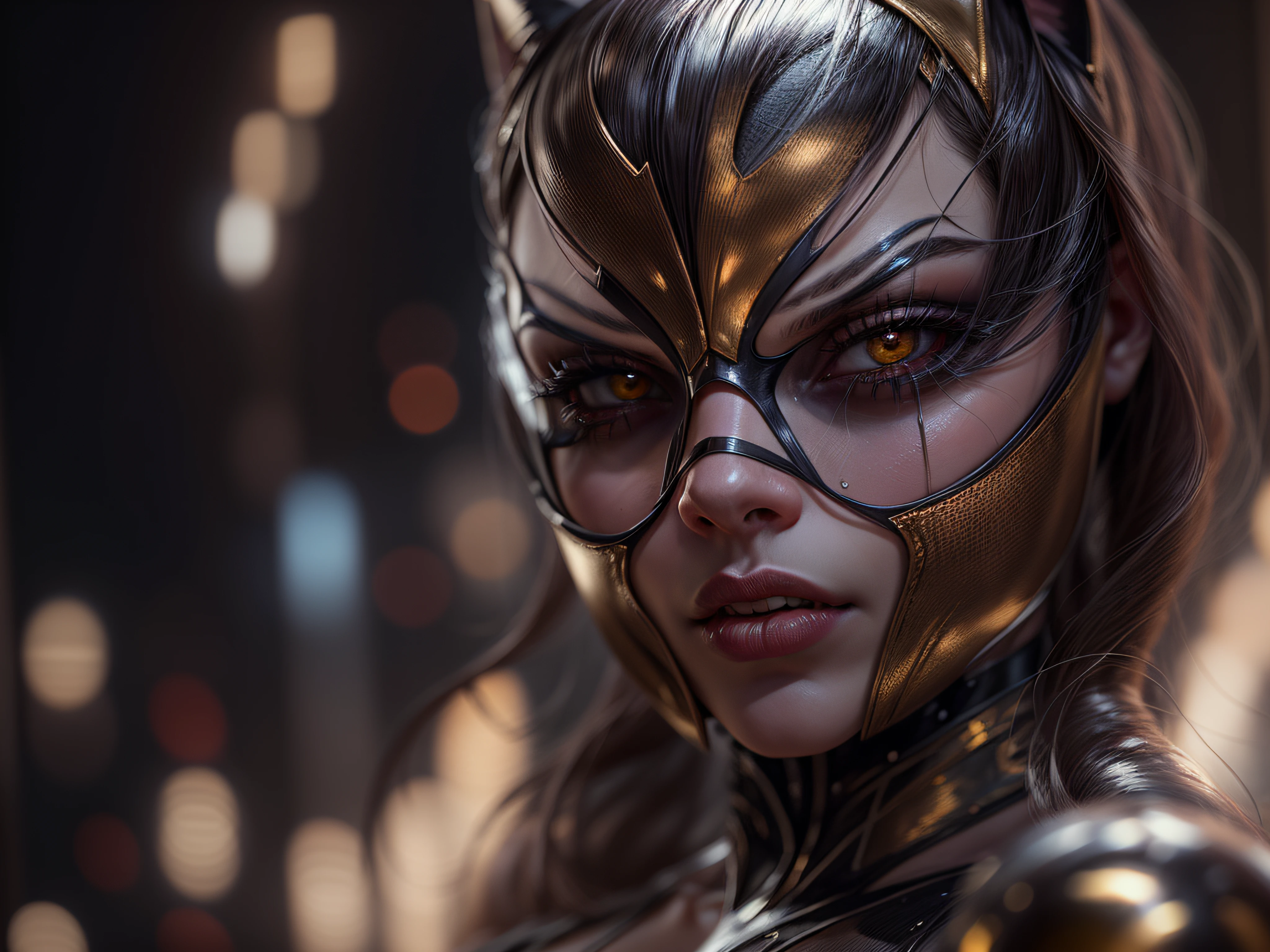 Closeup on a powerful threat, The creepy appearance of the mysterious Catwoman, inimmiga do Batman, vestida com de forma sensual, de bodysuit branco com bege e bronze, menacing stare, ricamente detalhado, Hiper realista, 3D-rendering, obra-prima, NVIDIA, RTX, ray-traced, Bokeh, Night sky with a huge and beautiful full moon, estrelas brilhando, 8k,