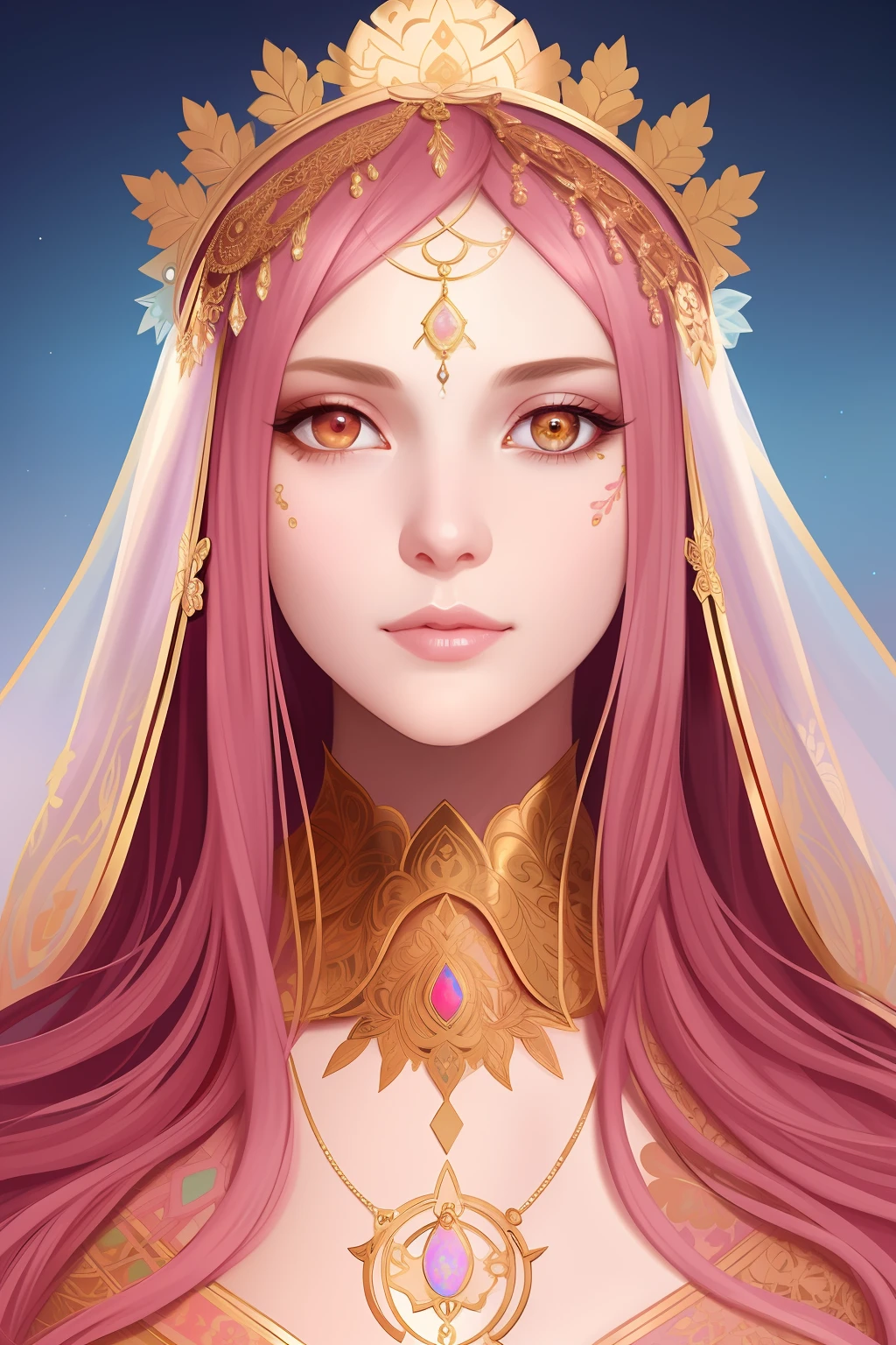 (symmetry:1.1) (portrait of floral:1.05) a woman as a beautiful goddess, (assassins creed style:0.8), pink and gold and opal color scheme, beautiful intricate filegrid facepaint, intricate, elegant, highly detailed, digital painting, artstation, concept art, smooth, sharp focus, illustration, art by greg rutkowski and alphonse mucha, 8k