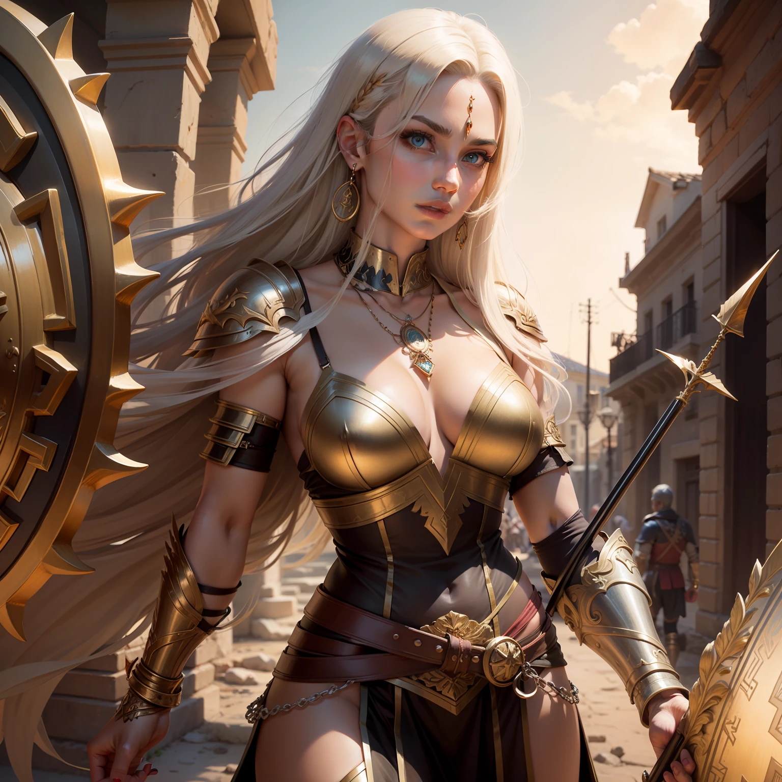 Fantastic acient Greece warrior woman with amber wide eyes, transgender, flat chest, amber hair with jewellery, wearing brown Armor, holding arrows, dragon masterpieces jewelleries and necklaces
