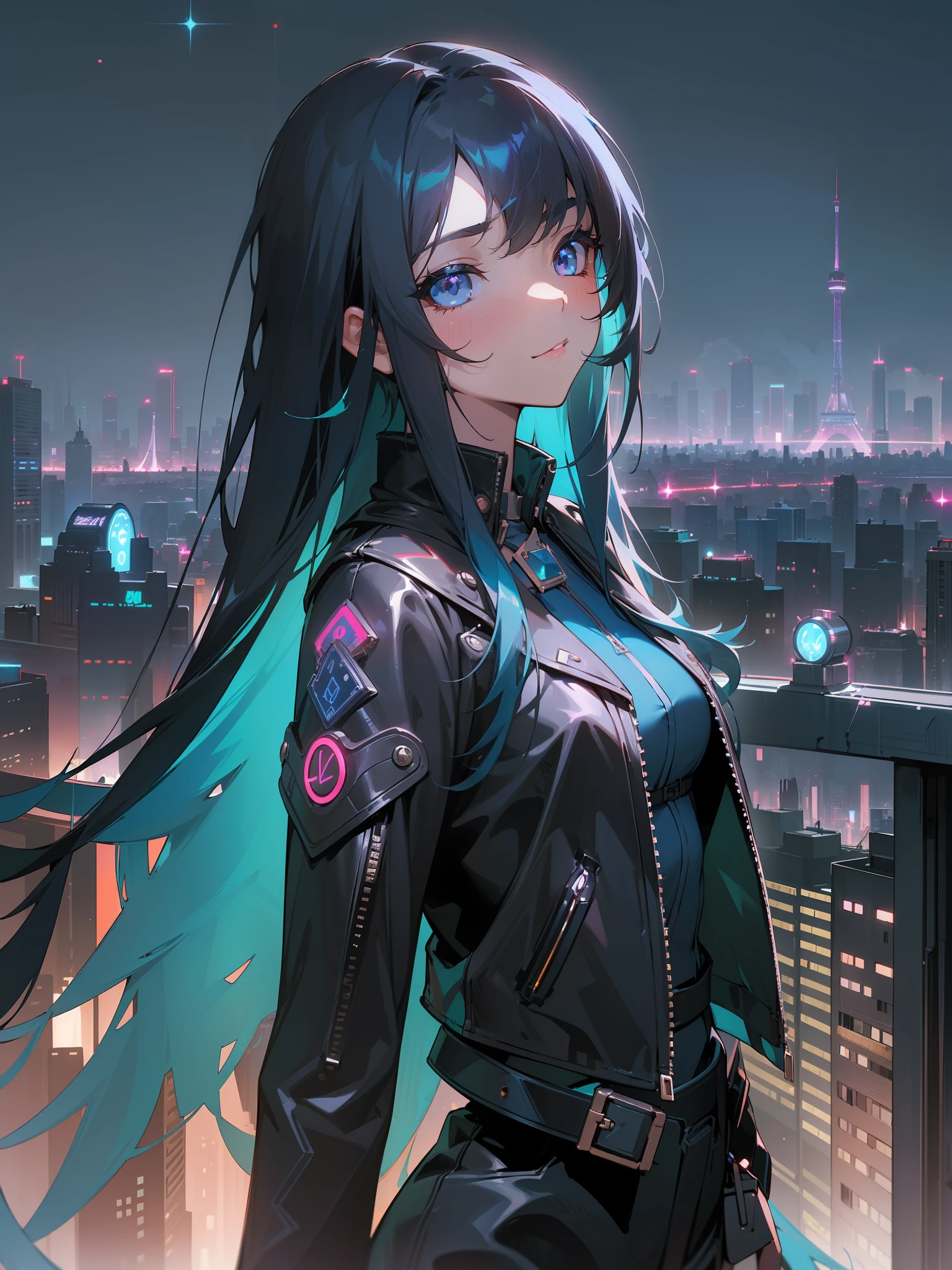 A dark-haired、Longhaire、long bangs、Blue inner hair color、small tits、leather jackets、high-level image quality、((Cityscape under the night sky. Illuminate the metropolis with dazzling lights and neon signs, showcasing its nocturnal allure.))