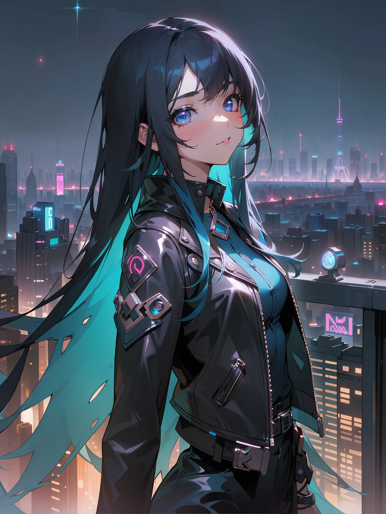 A dark-haired、Longhaire、long bangs、Blue inner hair color、small tits、leather jackets、high-level image quality、((Cityscape under the night sky. Illuminate the metropolis with dazzling lights and neon signs, showcasing its nocturnal allure.))