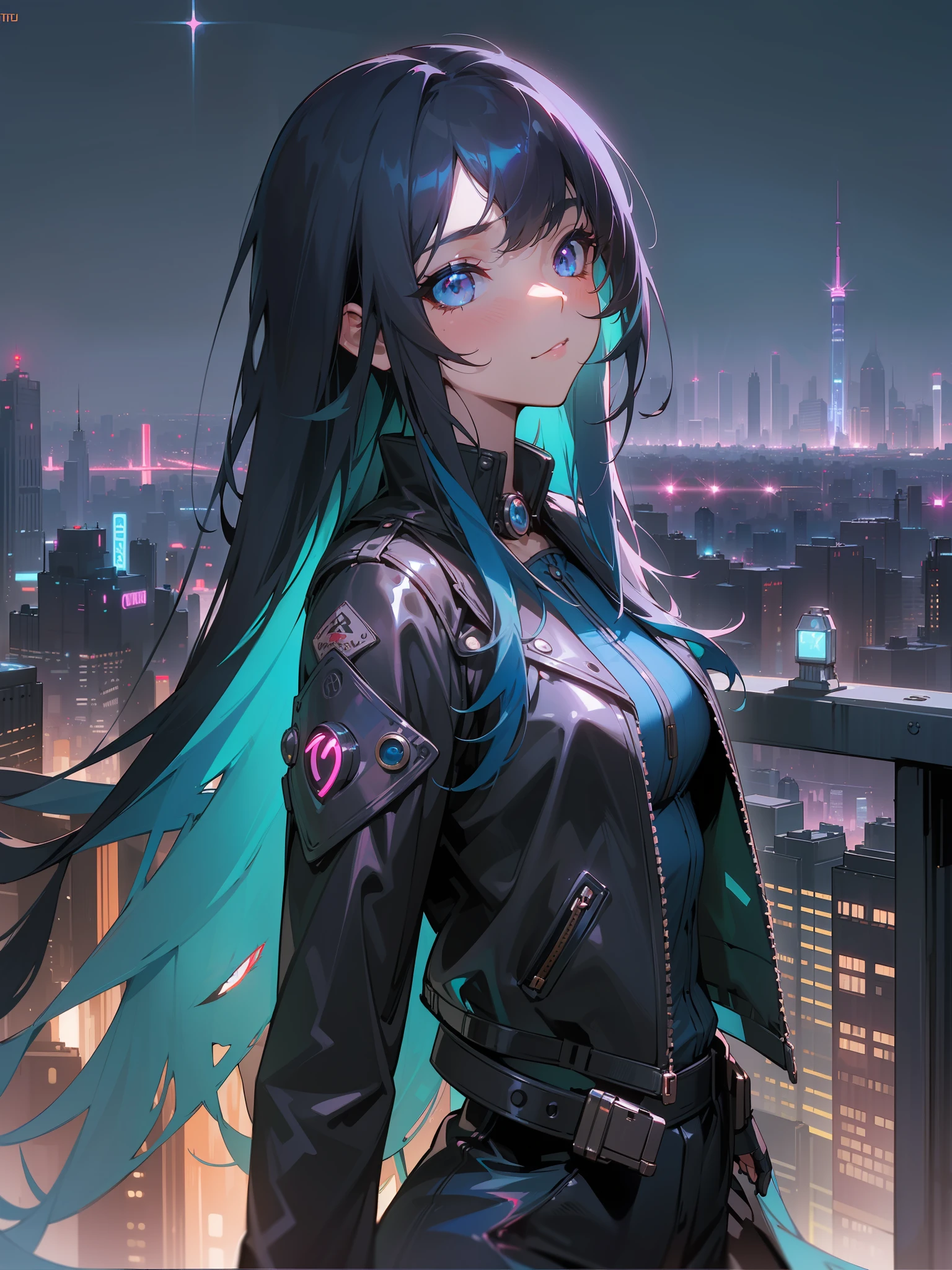 A dark-haired、Longhaire、long bangs、Blue inner hair color、small tits、leather jackets、high-level image quality、((Cityscape under the night sky. Illuminate the metropolis with dazzling lights and neon signs, showcasing its nocturnal allure.))