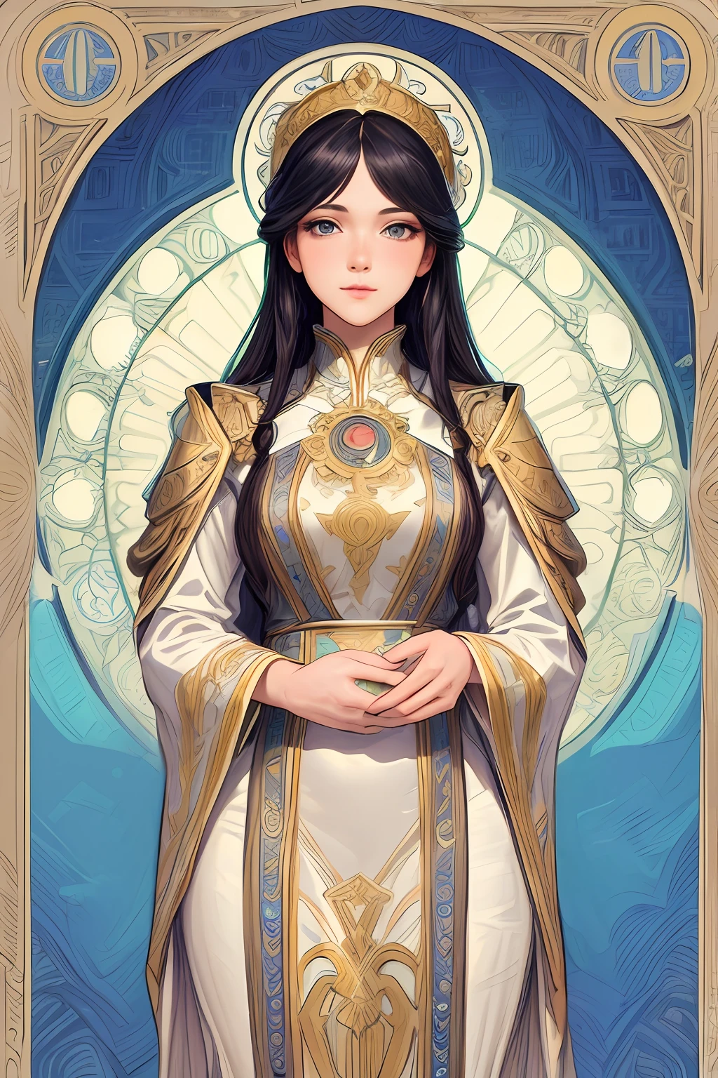 (masterpiece, best quality, detailed beautiful:1.2), (perfect sketch, detailed clothes, detailed eyes), Krenz Kchart style, Alphonse Mucha style, (1girl), solo, looking away, dressed like nordic goddess, [composition like tarot card],