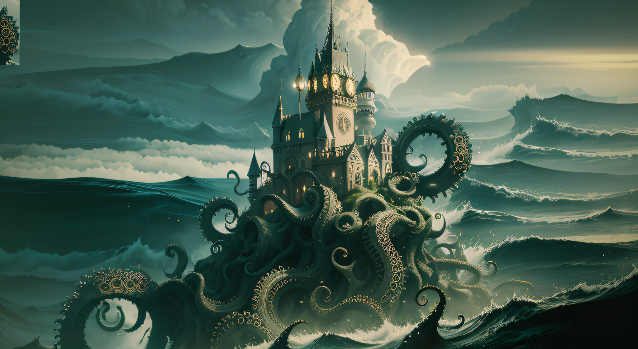 8k,Foto RAW,melhor qualidade, master part: 1.2, detalhes intrincados, papel de parede, ultra high-resolution), (Realistic), There is an image of a magnificent castle with octopus tentacles in it and in the water, huge tentacles, com ventosas envolvendo o castelo, paisagem lovecraftiana, Fundo Lovecraftiano, detailed cinematic render, 8 k cg render, artistic work, alta qualidade, Inspirado em Lovecraft, inspirado em H.P. Lovecraft, Foto Cthulhu, lovecraftian inspiration, Lula de Cthulhu, lovecraft illustration, Atmosfera lovecraftiana, Onde os horrores lovecraftianos vagam, lovecraft horror, Arte Lovecraft, leviathan cthulhu squid, simplesmente aterrorizante, um pesadelo maravilhoso, ondas grandes batendo nos rochedos e se formando ao longe, mar agitado, maremoto, mar de pesadelo, clima de tempestade, Simply magical, obra-prima.
