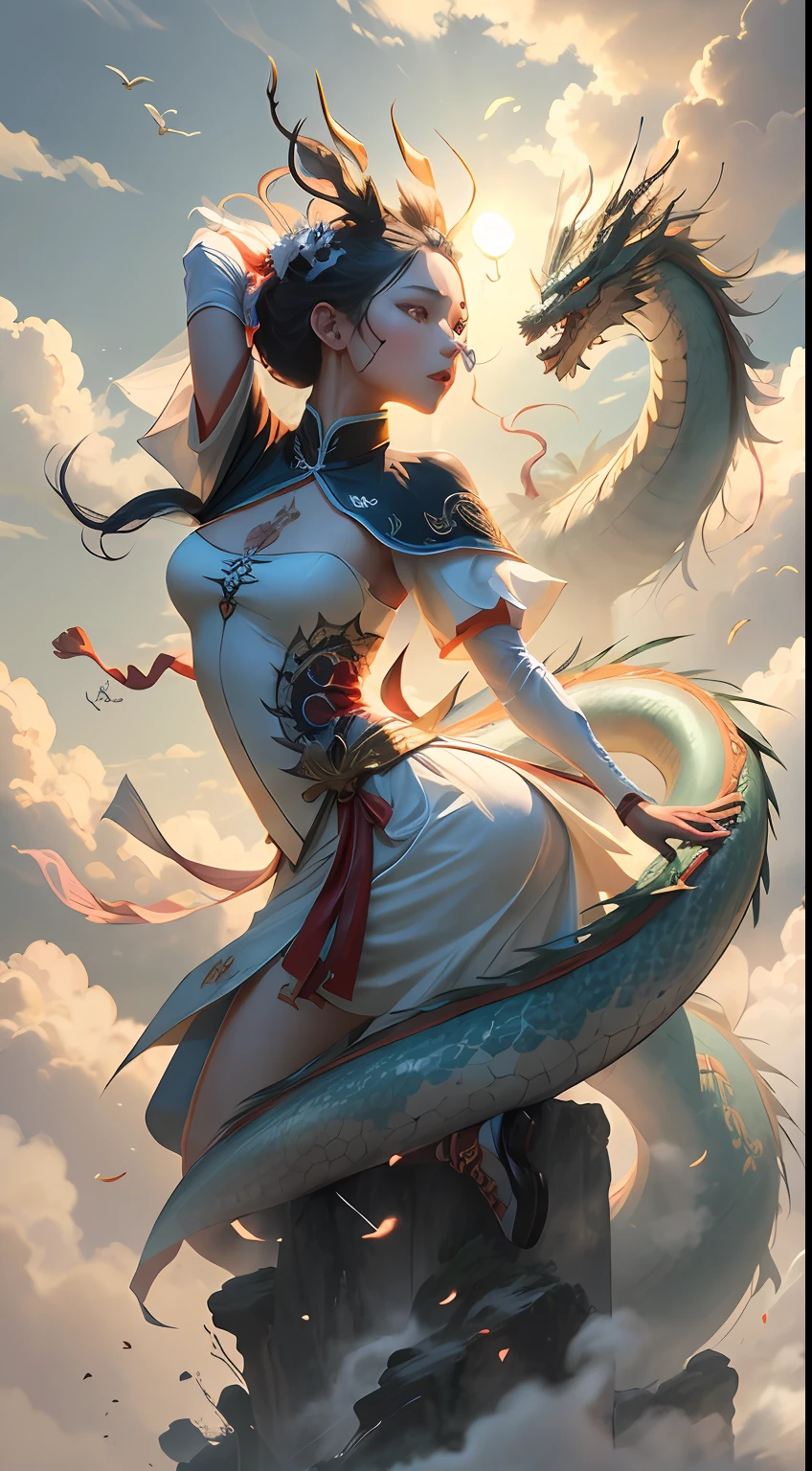 1 Chinese beauty dressed in ancient knight style，Dance with a sword，The vista has old buildings，sun shining through clouds，A Chinese dragon flies over the rolling white clouds in the sky，（tmasterpiece），（Best picture quality），（Very detailed and uniform picture），（Extremely detailed picture details），（8k wallpaper），（light and shadow effect），（Obvious layering），（Tyndall effect），（Expressive graphic style），（Visual impact），Inspired by《chinesedragon》，Ray