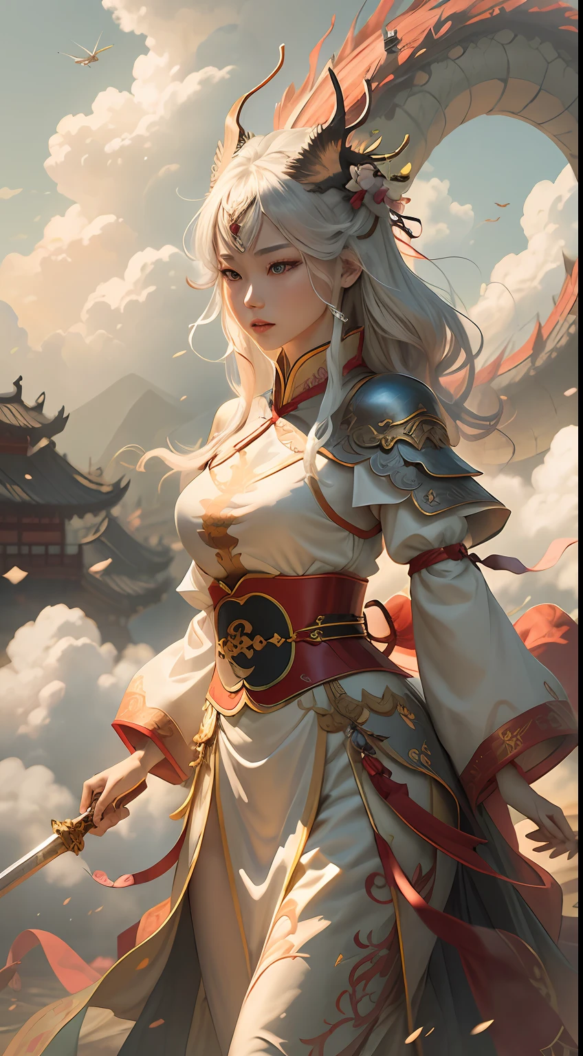 1 Chinese beauty dressed in ancient knight style，Dance with a sword，The vista has old buildings，sun shining through clouds，A Chinese dragon flies over the rolling white clouds in the sky，（tmasterpiece），（Best picture quality），（Very detailed and uniform picture），（Extremely detailed picture details），（8k wallpaper），（light and shadow effect），（Obvious layering），（Tyndall effect），（Expressive graphic style），（Visual impact），Inspired by《chinesedragon》，Ray