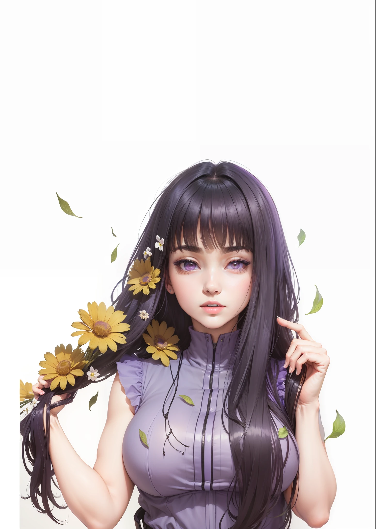 masterpiece, best quality, high resolution, fine detail, amazing and beautiful detail, different_images, 1 girl, purple sleeveless jacket, from below, black hair, white-purple eyes, ( big boobs),( big boobs) , (boobs big), (lower chest), outer space, plants, black pants, konoha village symbol, purplish white eyes,