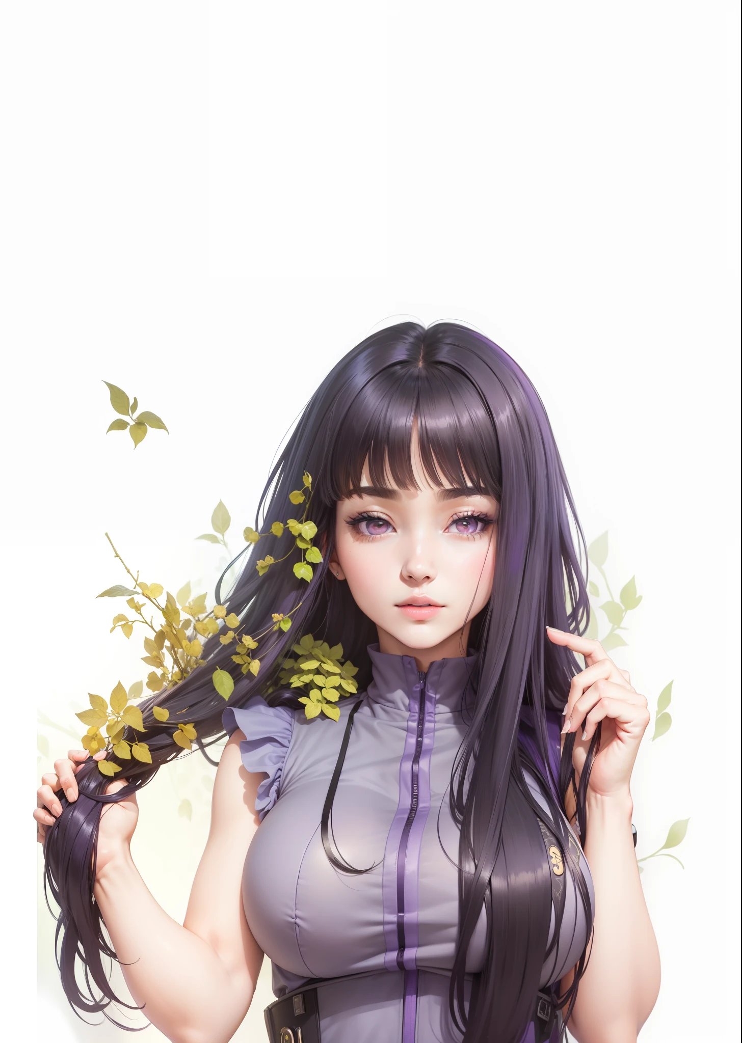masterpiece, best quality, high resolution, fine detail, amazing and beautiful detail, different_images, 1 girl, purple sleeveless jacket, from below, black hair, white-purple eyes, ( big boobs),( big boobs) , (boobs big), (lower chest), outer space, plants, black pants, konoha village symbol, purplish white eyes,