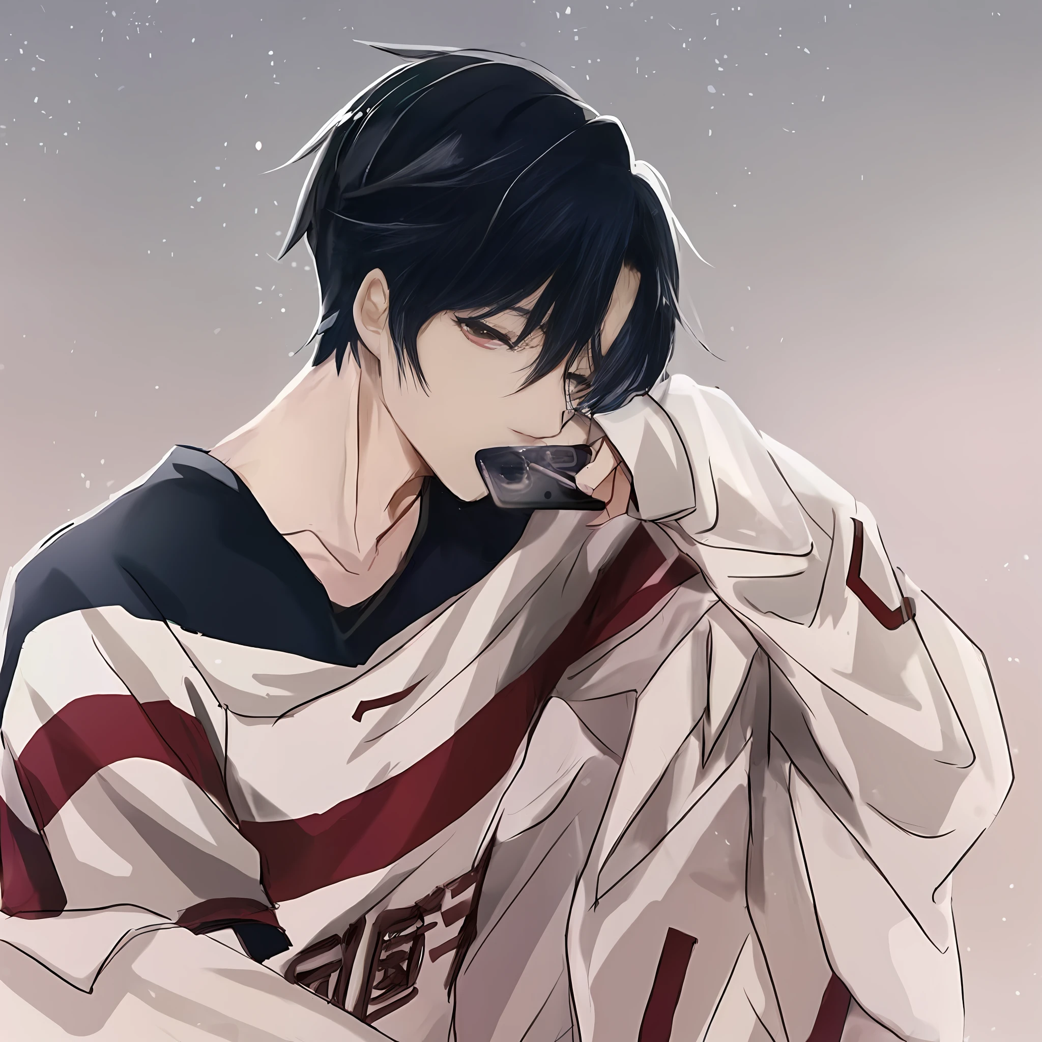 Anime boy with black hair and white shirt holding mobile phone, manga style of kentaro miura, inspired by Kun Can, inspired by Ma Yuanyu, Handsome anime pose, Inspired by Bian Shoumin, kentaro miura manga art style, Accurate depiction, inspired by Tomioka Tessai, 🚿🗝📝