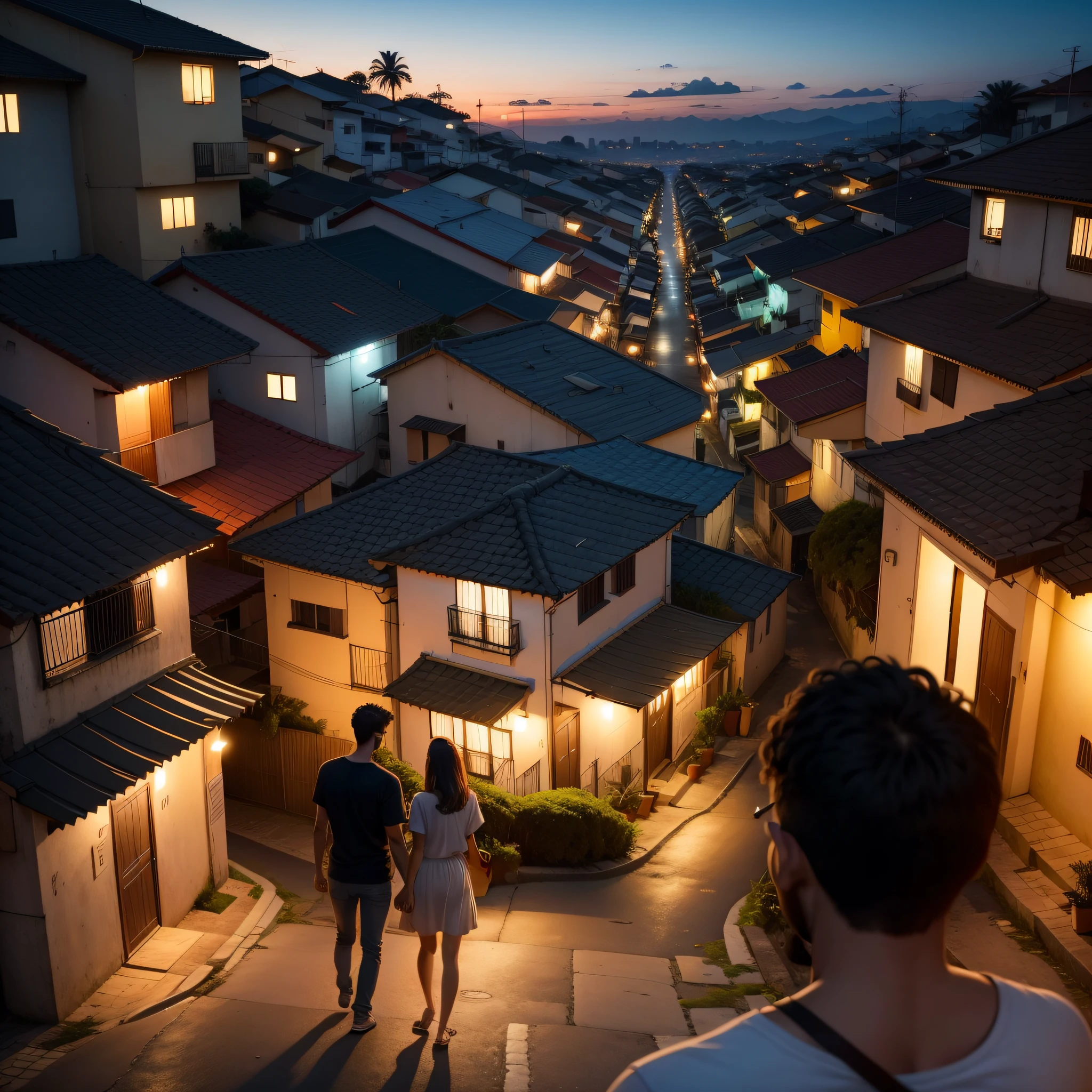 noite sombria com uma cidade pequena e pacata de fundo ,com uma casa destacada das outras ,com um jovem casal