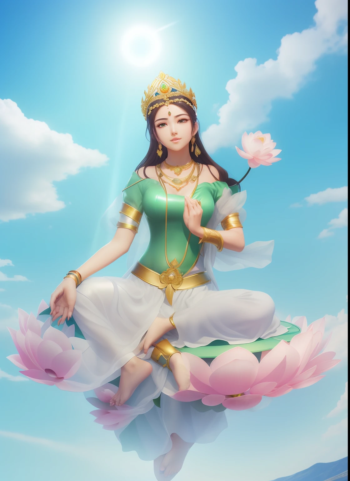 Beautiful woman sitting on a lotus,Beautiful big eyes looking at the camera,Correct hand and foot structure,Red skirt,16 yaers old,Wearing a fancy crown,beautiful countenance,Lotus terrace,with blue sky and white clouds,(primitive:1.2),(realisticlying:1.4),(Sharpness:1.2),(((body high:1.5))),Green skin,(((Gemstones refract dazzling light))),((middlebreast:1)),(Abs:0.7),(glute:1.2),(Healthy green skin, Thin skin, seductiveexpression, 二重まぶた,Jelly textured lips, Glowing lips,Small upturned lips,There is an eye in the middle of the forehead,(No clothes),Shiny skin,Green skin texture,Real pores,ctextured skin,choker necklace,Yingluo,(Wear gemstones,pearls,hisui,amber,),((Gorgeous and exquisite crown,gemstone setting)),(Dynamic hair,Hair hanging down the shoulders,Beaded hairpins,Nobile,),Glossy glossy skin,greenish skin,Radiant hair,eyes looking at the lens,The sky behind your head is illuminated by a circle of light,Aperture behind you,The background is blue sky and white clouds, High quality detailing, Cinematic lighting,,absurderes, unbelievable Ridiculous, hugefilesize, ultra - detailed, A high resolution, The is very detailed,best qualtiy,tmasterpiece,illustratio,The is very detailed,CG,unified,8k 壁纸,Amazing Cleavage,finely detailled,tmasterpiece,(((dynamicposes))),(((A fighting stance))), ((Correct anatomy)),(((Correct dissection))