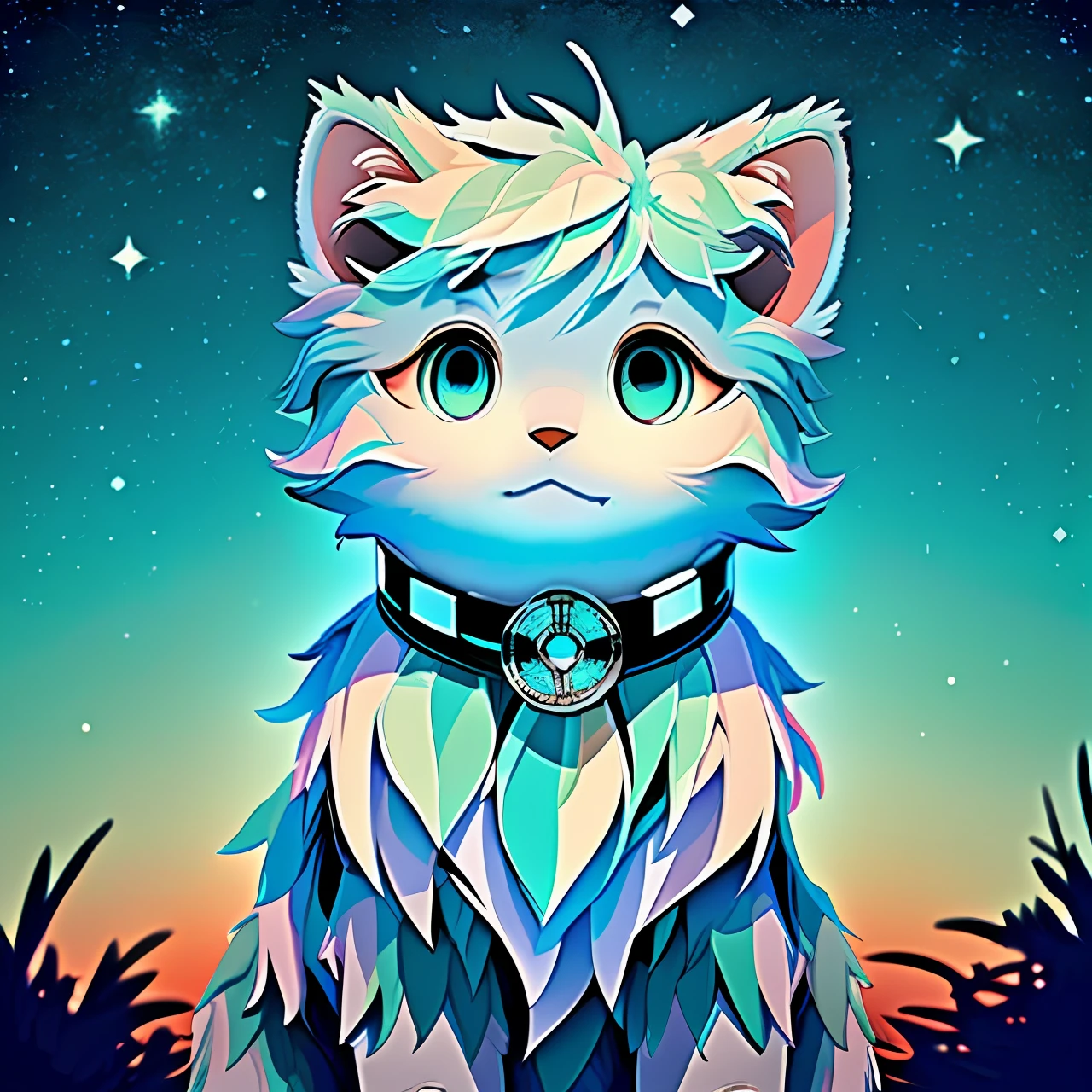 high light，Blue and white colors，Bright，adolable，shaggy，set against a backdrop of a starry sky，furry