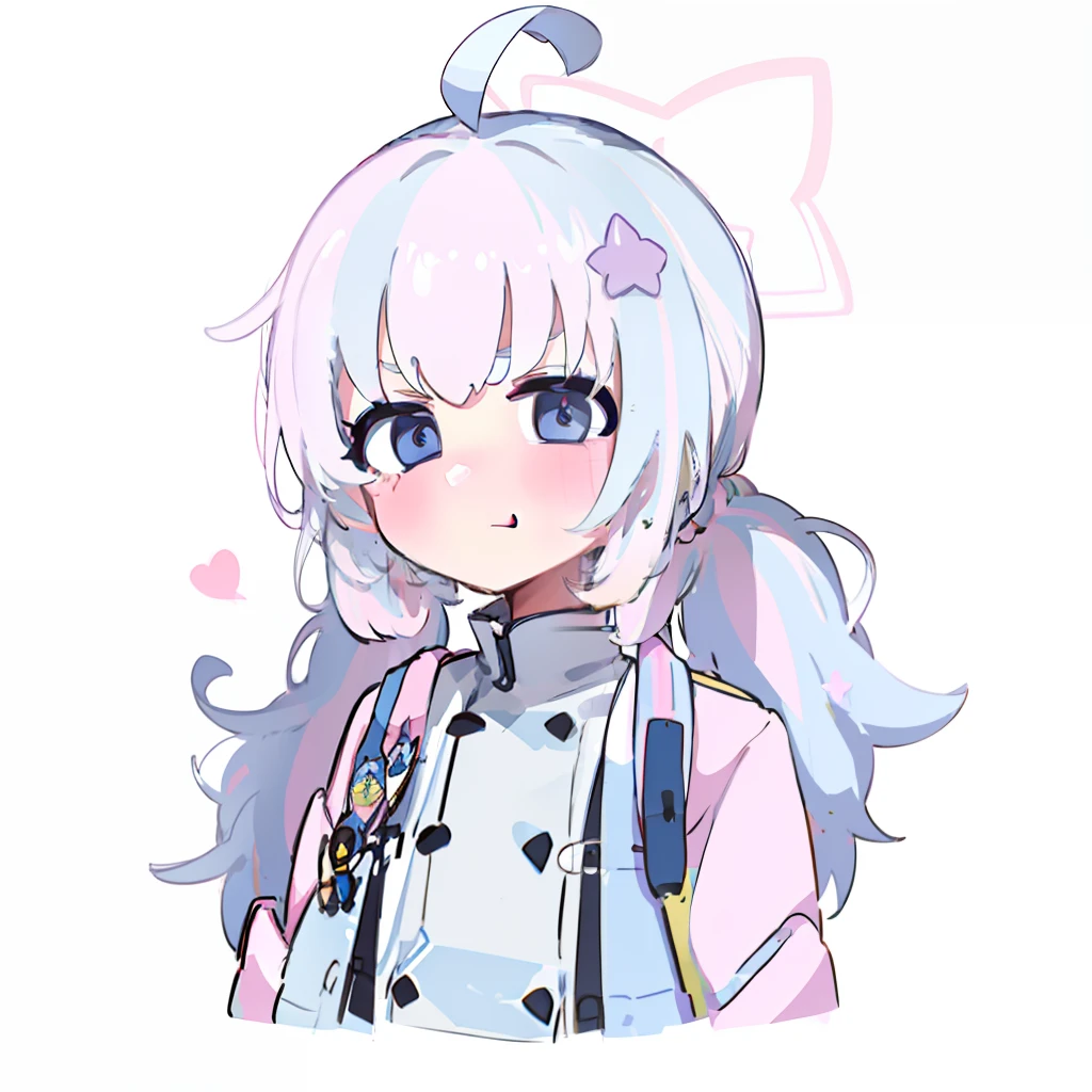 cartoon drawing of a girl with a ponytail and a blue jacket, smol, cute character, neferpitou, shikamimi, white haired, she has a cute expressive face, with index finger, girl with white hair, white haired deity, telegram sticker, anime moe artstyle, [[[[grinning evily]]]]