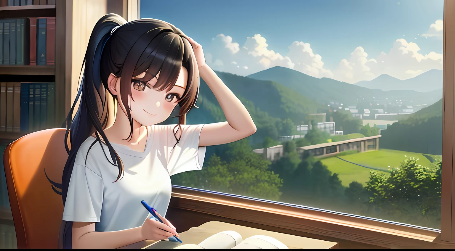 ((masterpiece)), top-quality, hight resolution, 1 Women, Loose T-shirt、Girl sitting on a chair in the library and studying、Charming atmosphere、18year old、Scenery of the entire area、poneyTail、Spoiled face、A smile