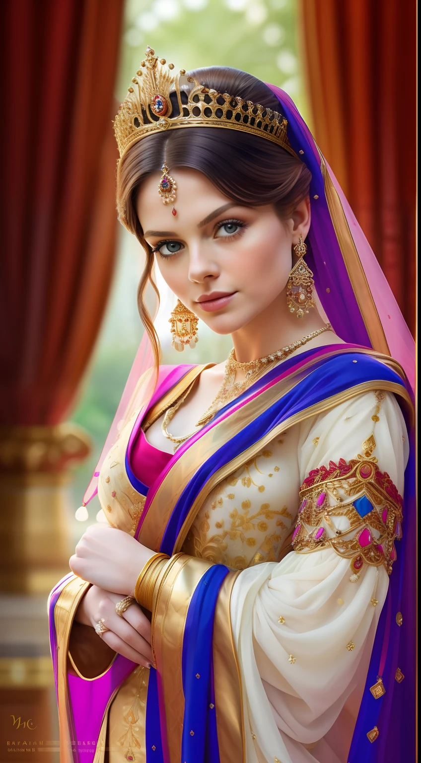 "Stunning portrait of   actress Mackenzie Mace, an enchanting actress, in a cozy and intimate queen attire. She stands gracefully in a regal palace, exuding the aura of an Indian princess. The scene captures the essence of royalty and nobility, with a touch of intrigue and elegance."